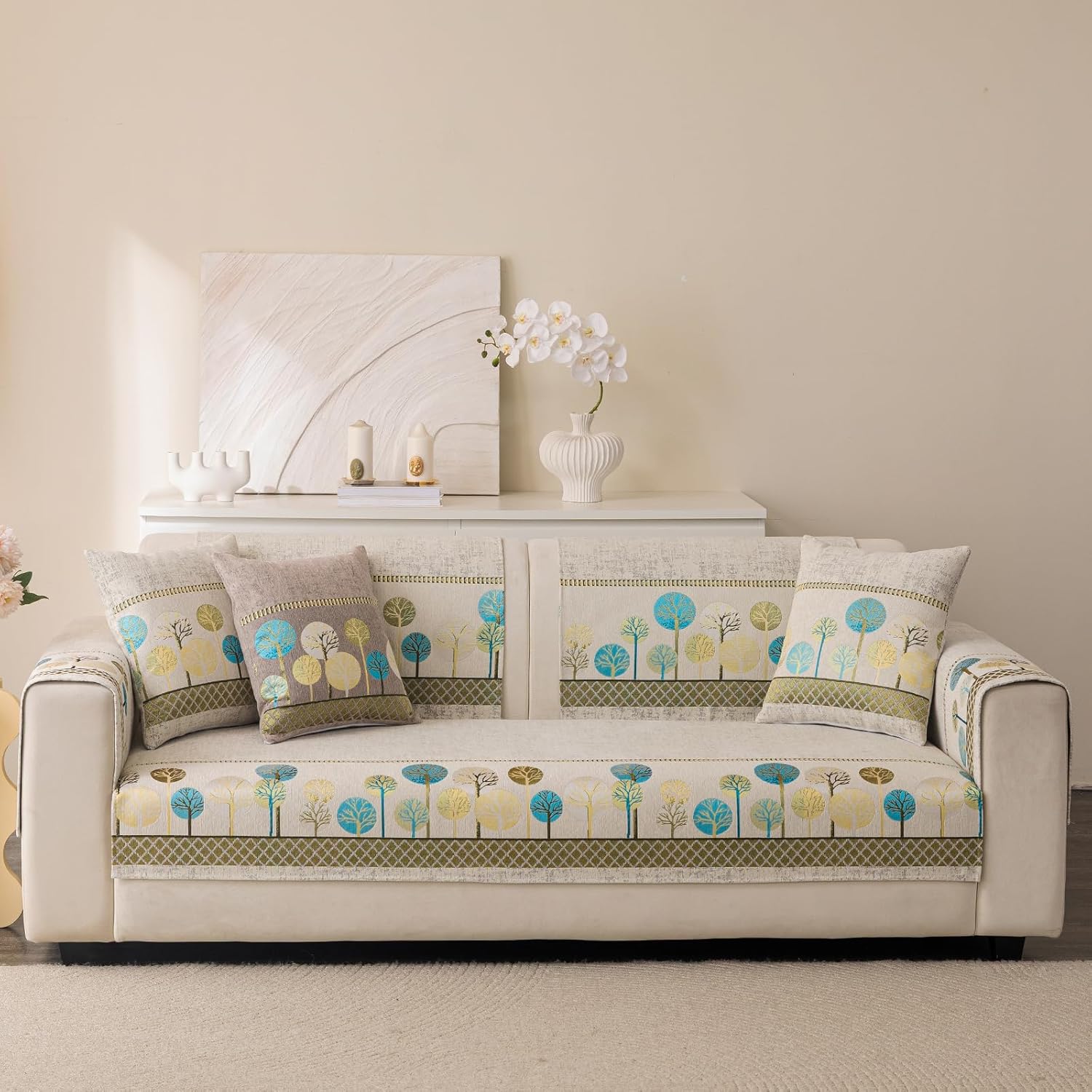 chenille boho jacquard couch cover, washable sectional sofa covers for 3 cushion couch sofa l sharped sofa, non slip furniture protector slipcover (1 pcs 36"x36" white) 1pc/36"x36"/arm/backrest cover beige