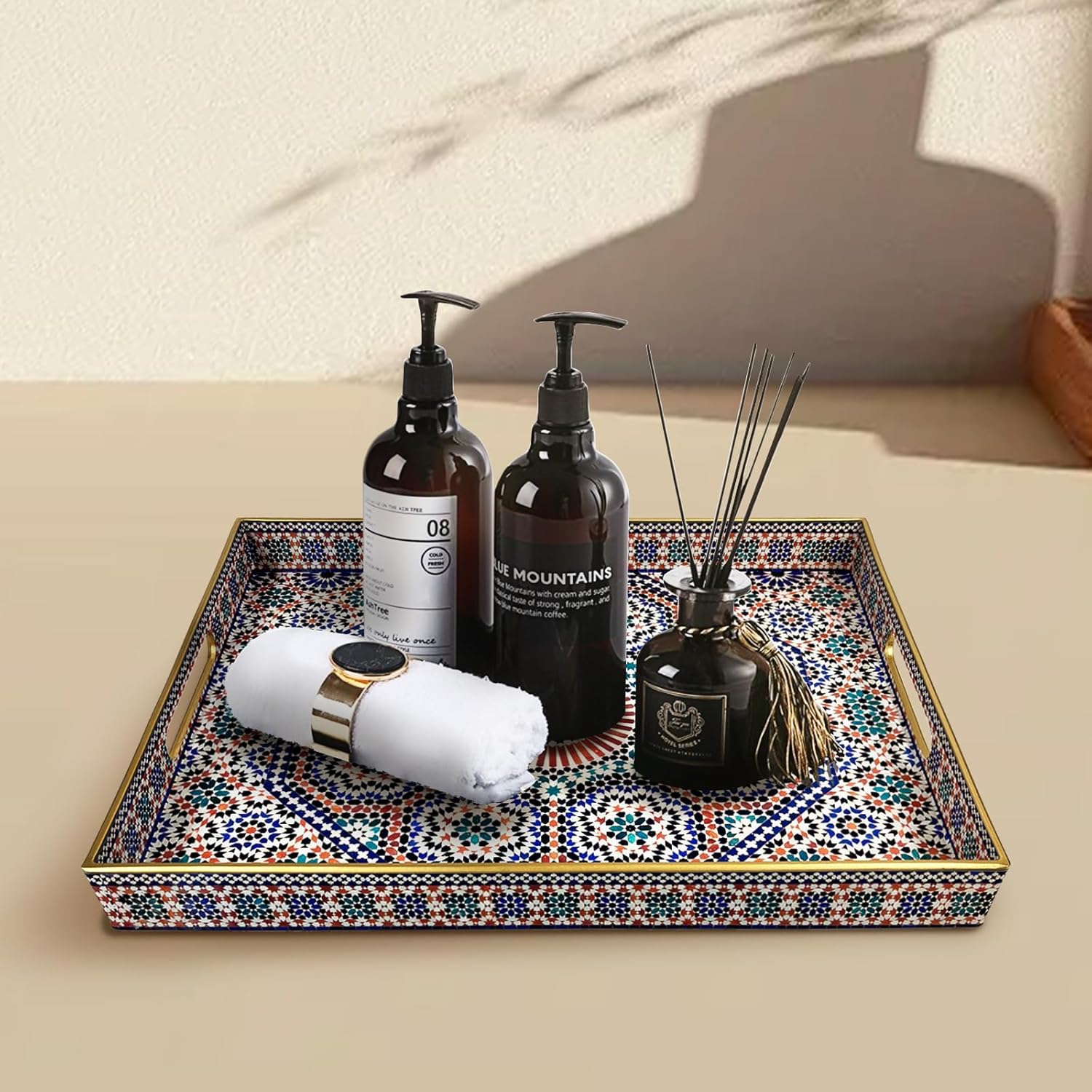 Plastic Coffee Trays,Serving Tray,Bohemian Blue Tray,15.7" L x 11.8" W x 1.57" H,Lightweight and Non-Slip with Handles,Perfect for Restaurants,Cafés,and Home Use(Rectangle Bohemian Blue) - Image 5