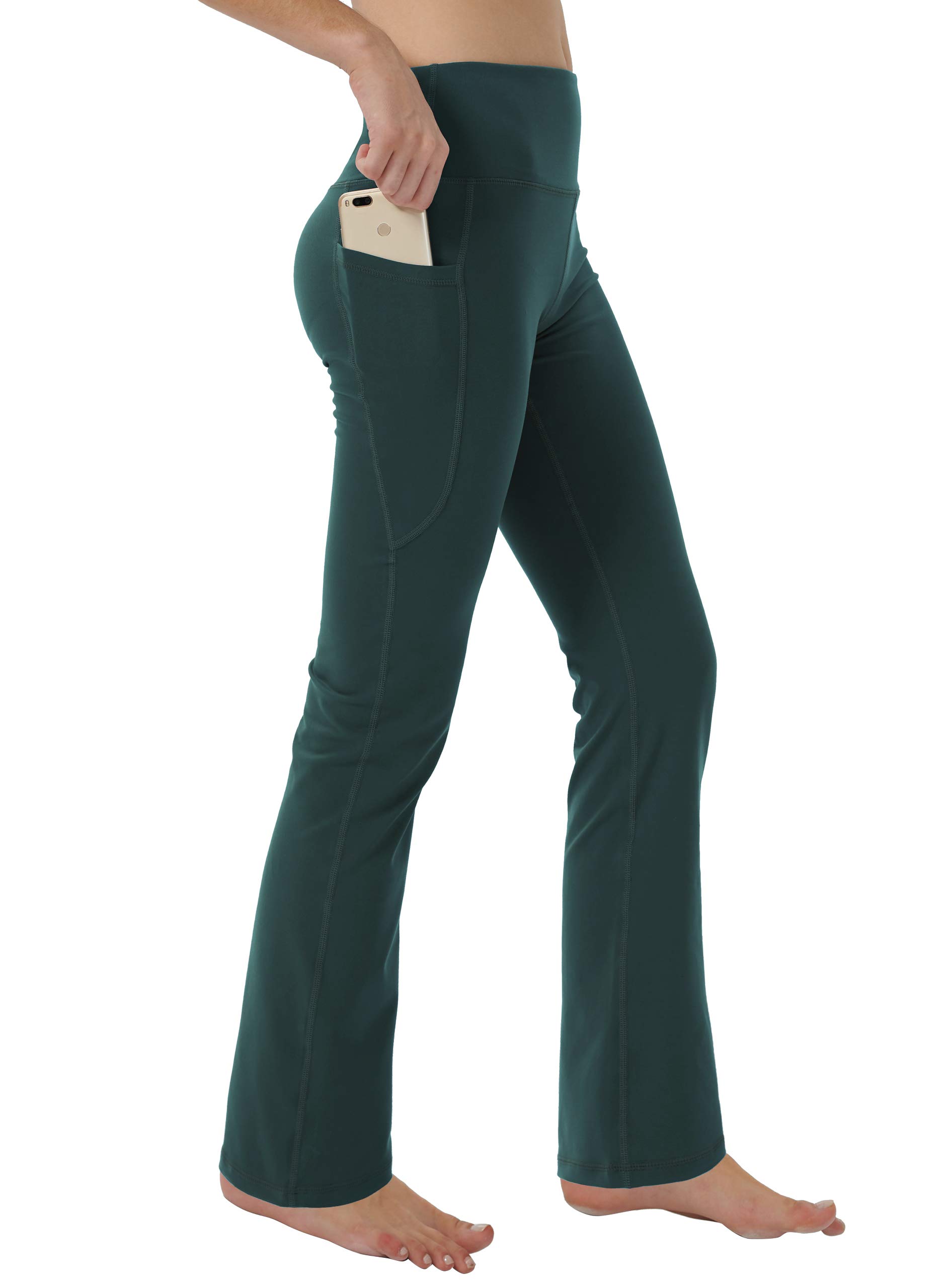 Damskie spodnie do jogi bootleg z ukrytymi kieszeniami kontrola brzucha legginsy do biegania długie bootcut, ZIELONY, L