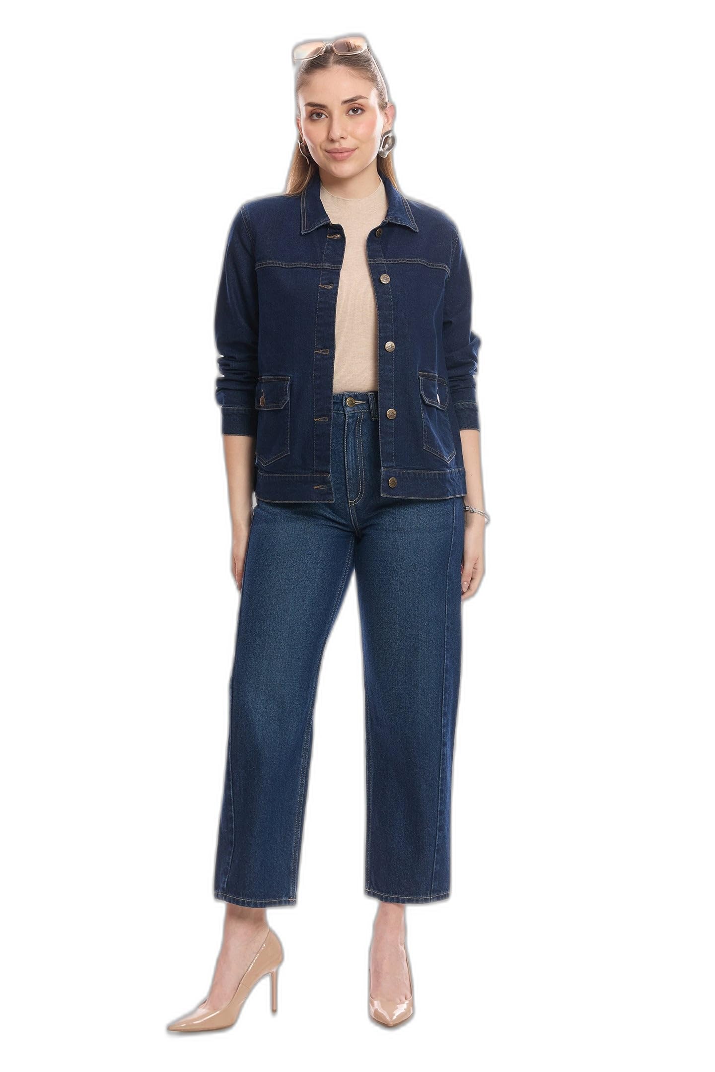 virgio Women’s Denim Trucker Jacket – Regular Fit Casual Jacket with Two Front Flap Pockets, Classic Button-Front Closure, Long Sleeve Denim Outerwear, Everyday Wear, Street Style-picture-26