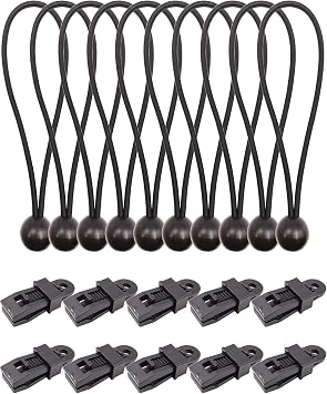 20 Pcs Heavy Duty Tarp Clips with Bungee Cord Balls, Black | Tent Clip and Ball Bungee Cord Set, Awning Tarp Clamps, For Canopy