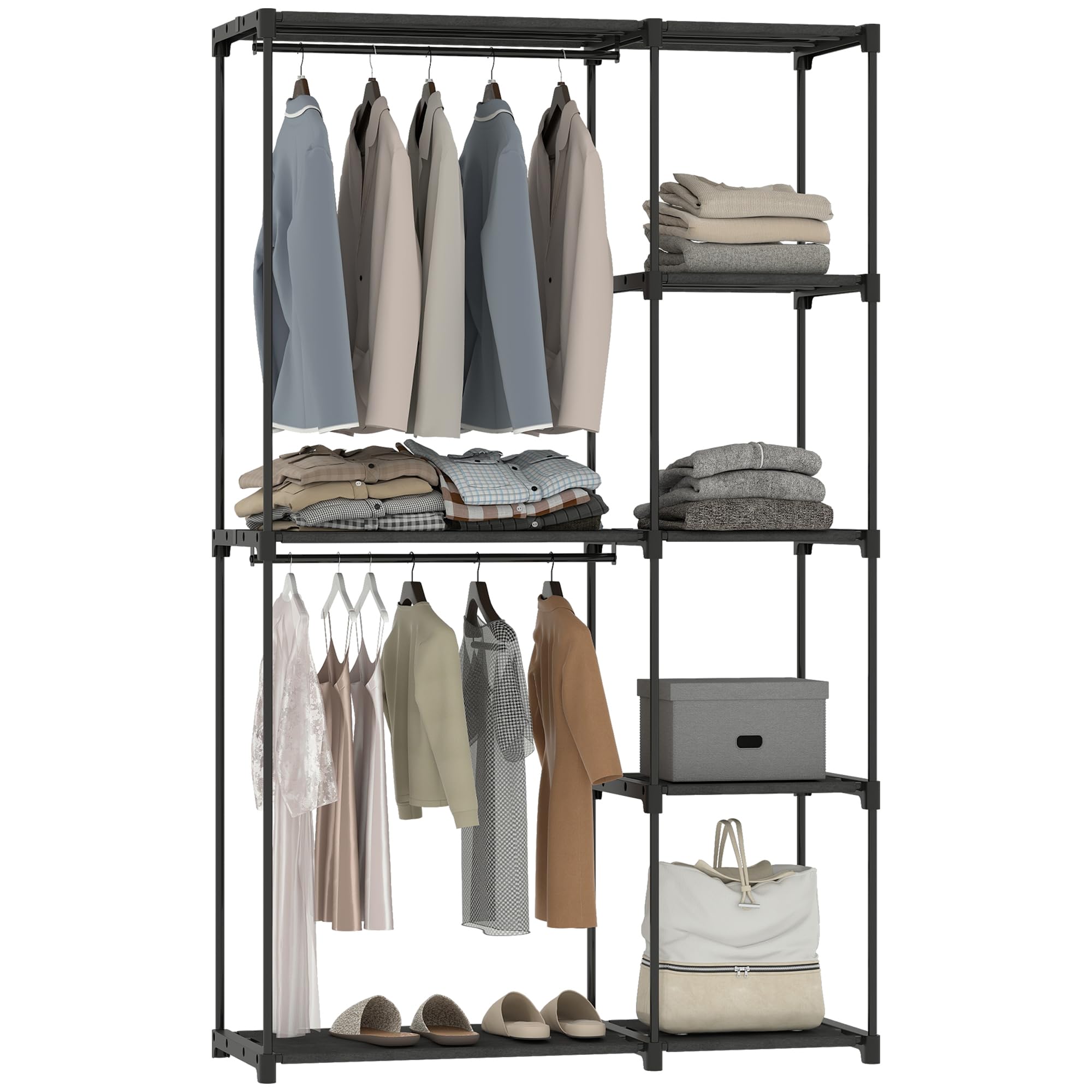 HOMCOM Stoffschrank Kleiderschrank mit Kleiderstange, Ablagen, Stoffkleiderschrank für Schlafzimmer, Ankleidezimmer, 111 x 43 x 185 cm, Schwarz