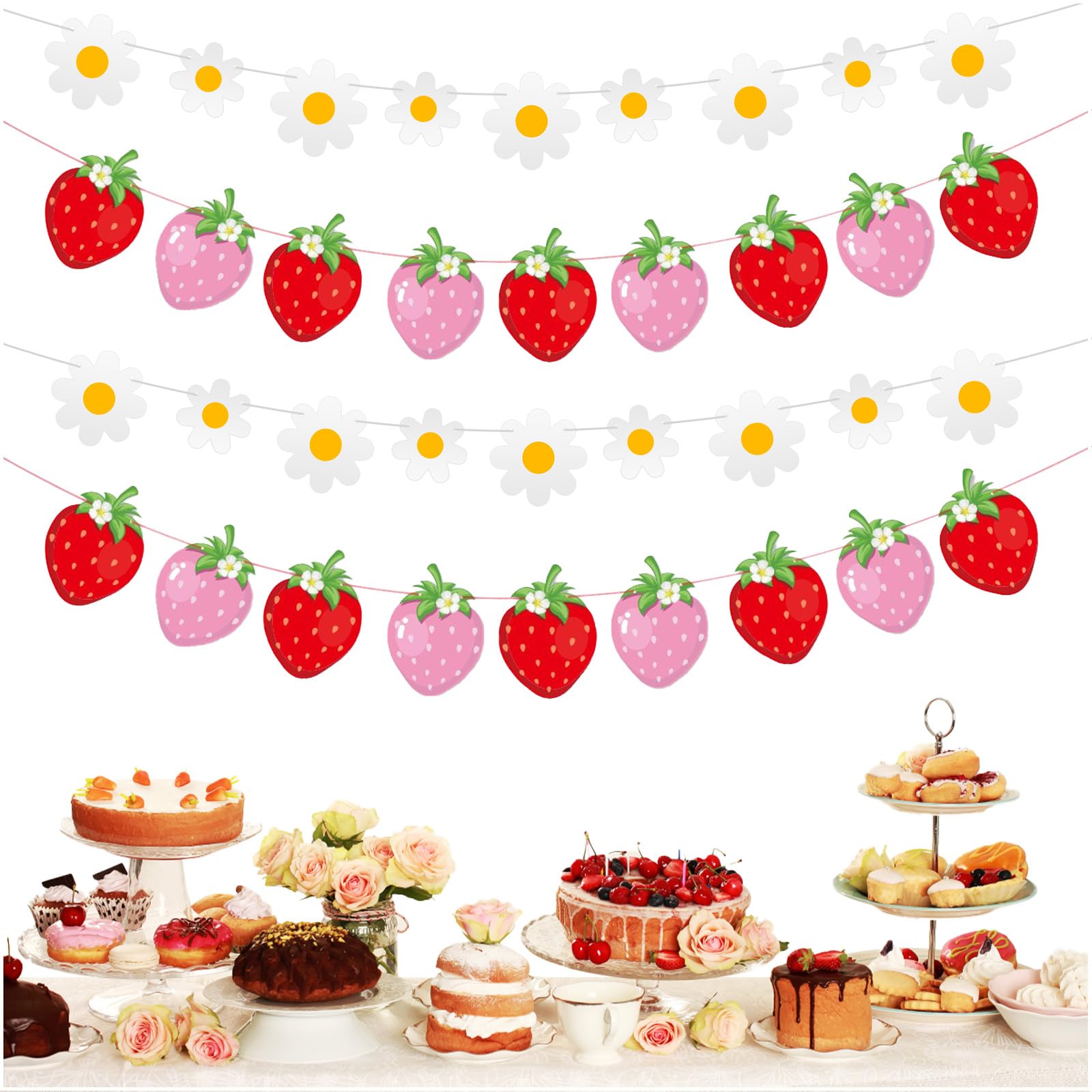 Mity Rain 4PCS Daisy Boho Banner Party Decorations & Berry First Birthday Decor Strawberry Baby Shower Decorations, Pink