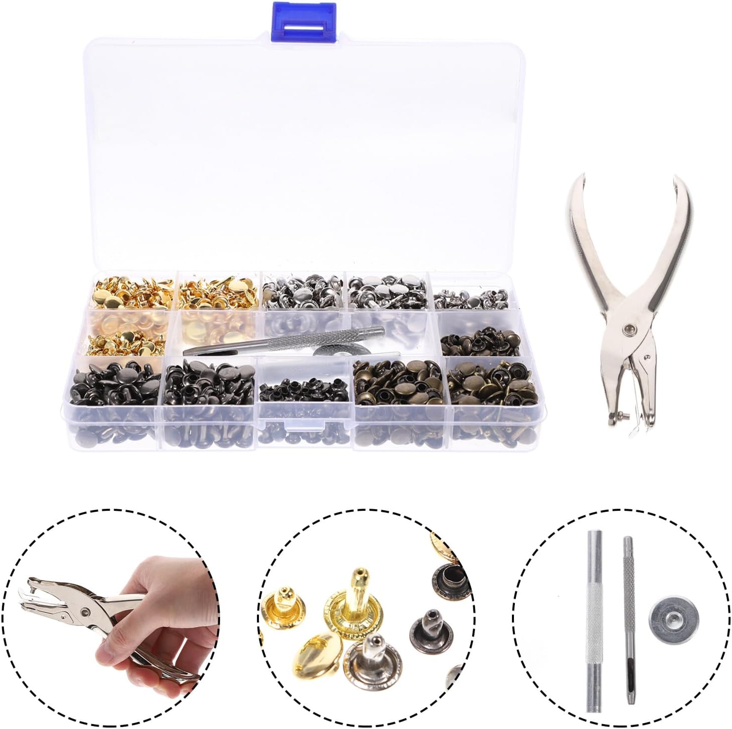 NUSITOU Leather Rivets and Punk Studs Kit 480pcs 6mm 8mm Double-Sided Rivet Spikes with Installation Tool for DIY Leathercraft, Clothing, Shoes, and Bags Accessories