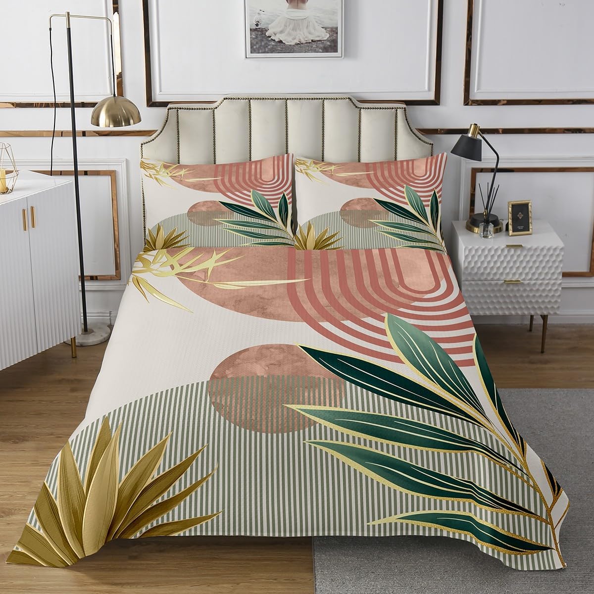 Erosebridal Mid Century Boho Bedspread Set Queen Size Abstract Retro Minimalist Quilt Set for Girls Women,Modern Bohemian Aesthetic Bedspread Sets Simple Coverlet Set,Pink Green