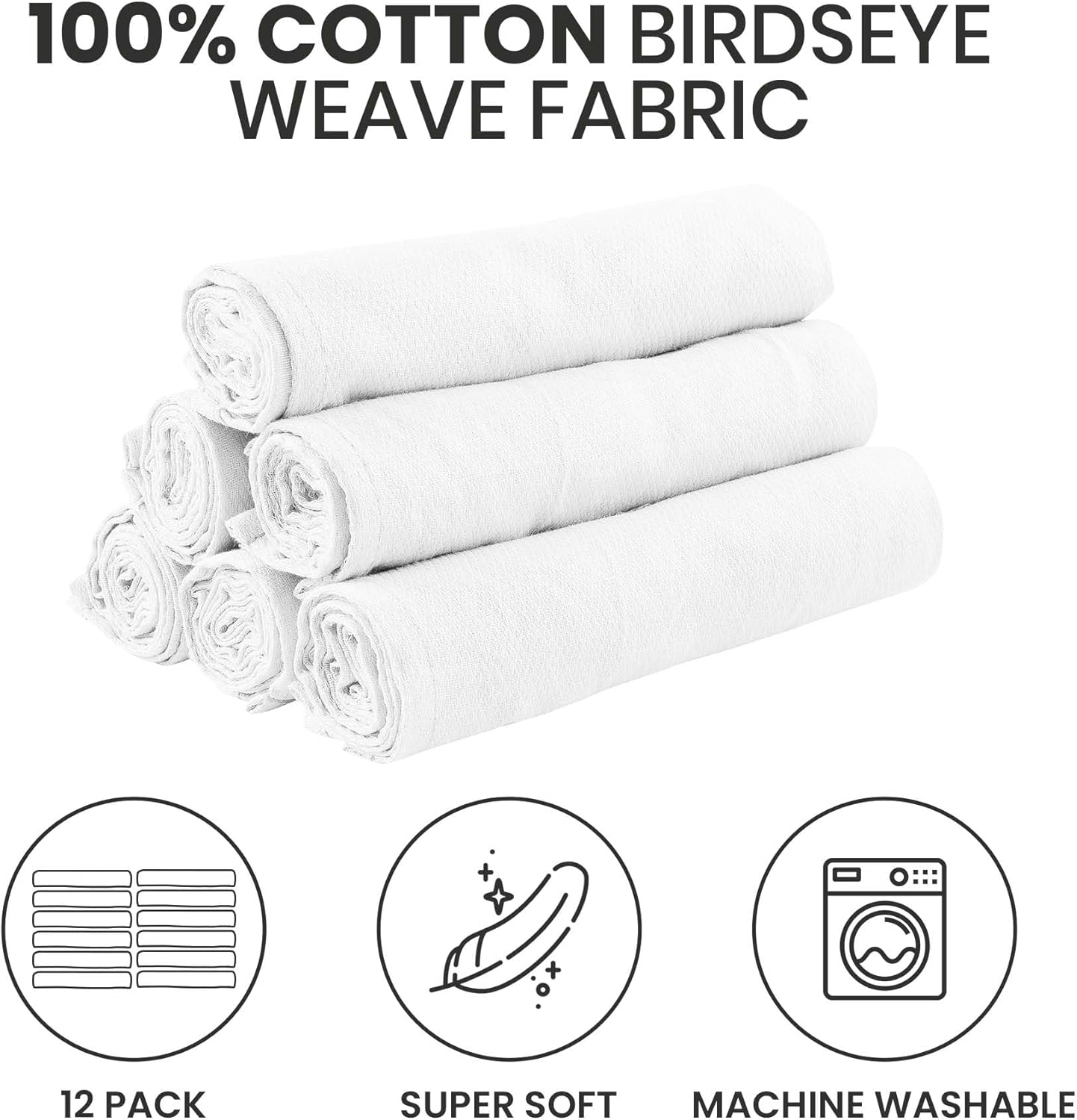 Deluxe 100% Natural Cotton Birdseye Cloth Diapers for Babies - Absorbent Cloth Diapers Burp Cloths - White - 12 Pack