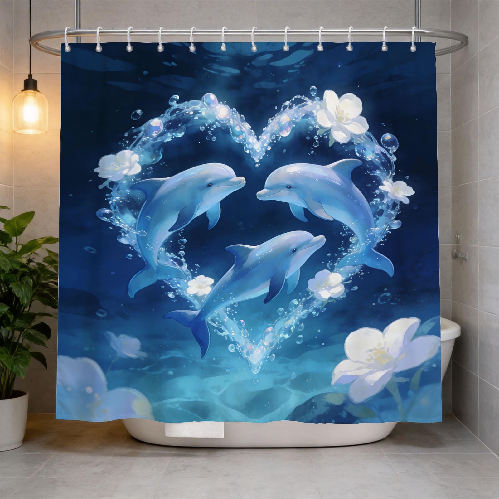 Hongduo 3D Heart Dolphin Shower Curtain for Stalls Bathtubs Romantic Theme Bathroom Decor Shower Curtain Set Polyester Fabric Waterproof 180x200cm/71X79 Inch with Hooks