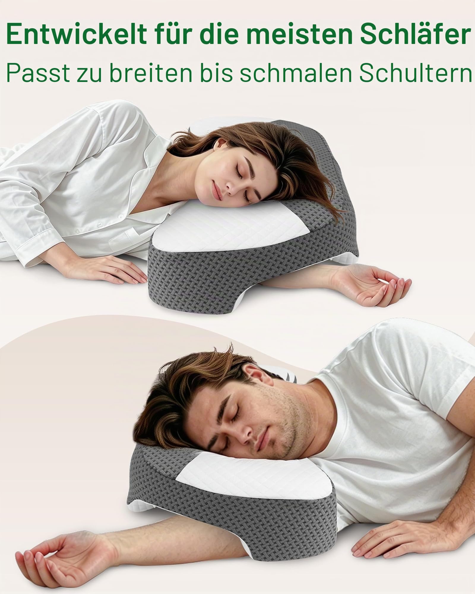 Seitenschläferkissen Memory Foam mit Armloch, 55/38x35.5x15cm | Speziell für Seitenschläfer zur Druckentlastung für Schultern & Arme, Mittelfest, CertiPUR-US Memory-Schaum, OEKO-TEX Stoff