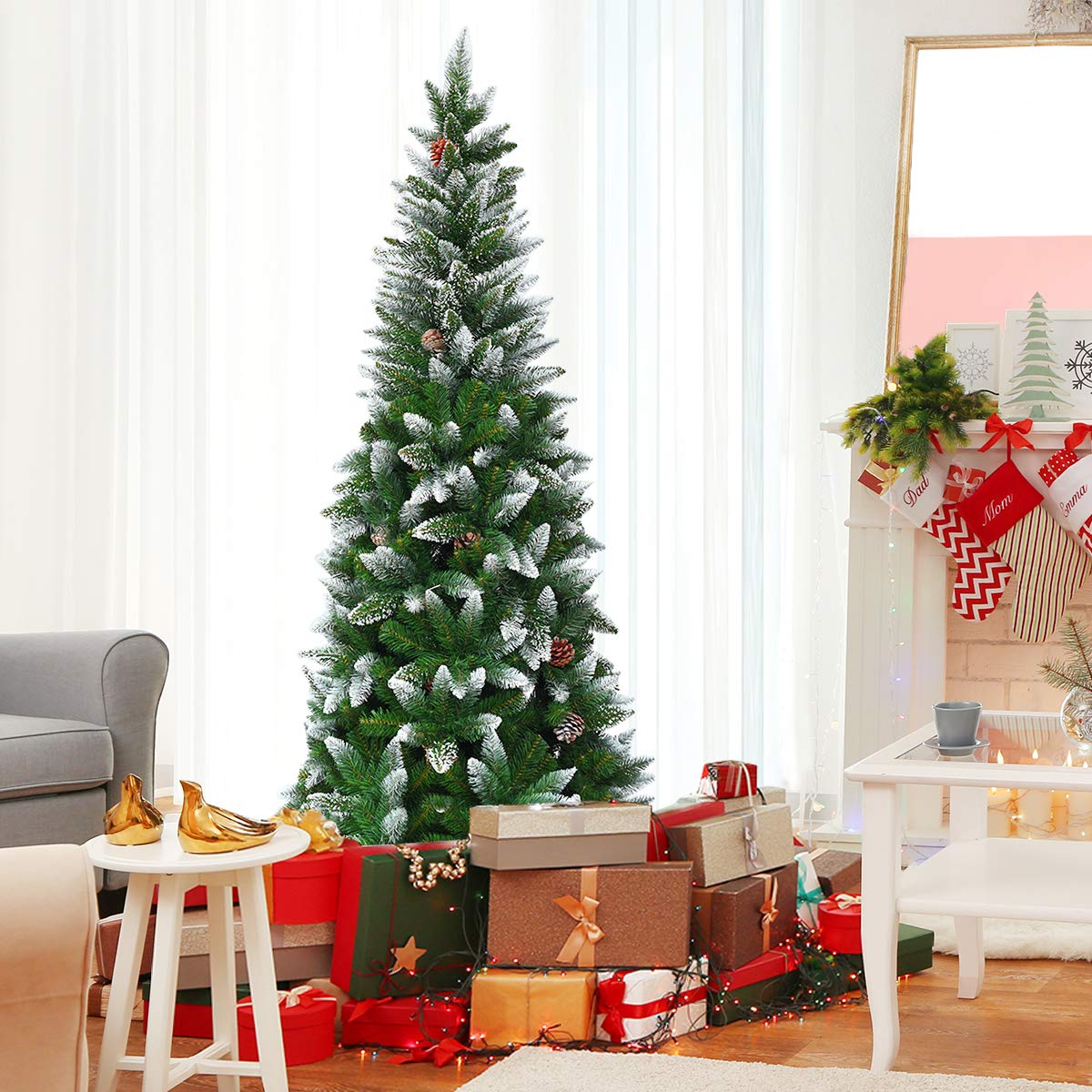 COSTWAY Árbol de Navidad Slim/Estrecho 180cm, Arbol de Navidad Nevado con 29 Piñas, Pino Cubierto de Nieve, PVC de 630 Puntas, Arvore de Natal Soporte de Metal, Hogar Oficina Fiesta (180 cm)