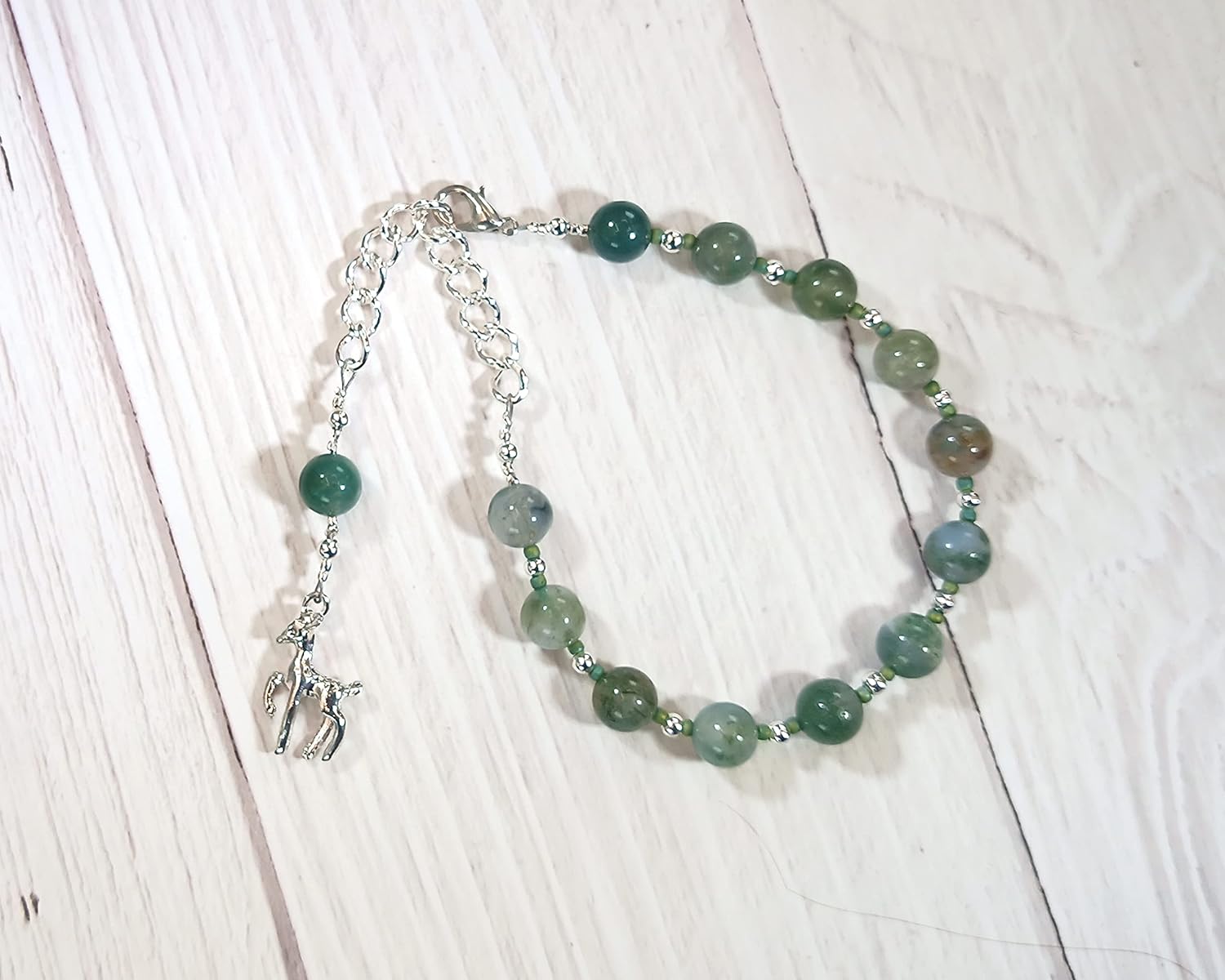 Artemis Prayer Bead Bracelet in Moss Agate: Greek Goddess of the Wilderness, Wild Animals, Protector of Young Women and Girls