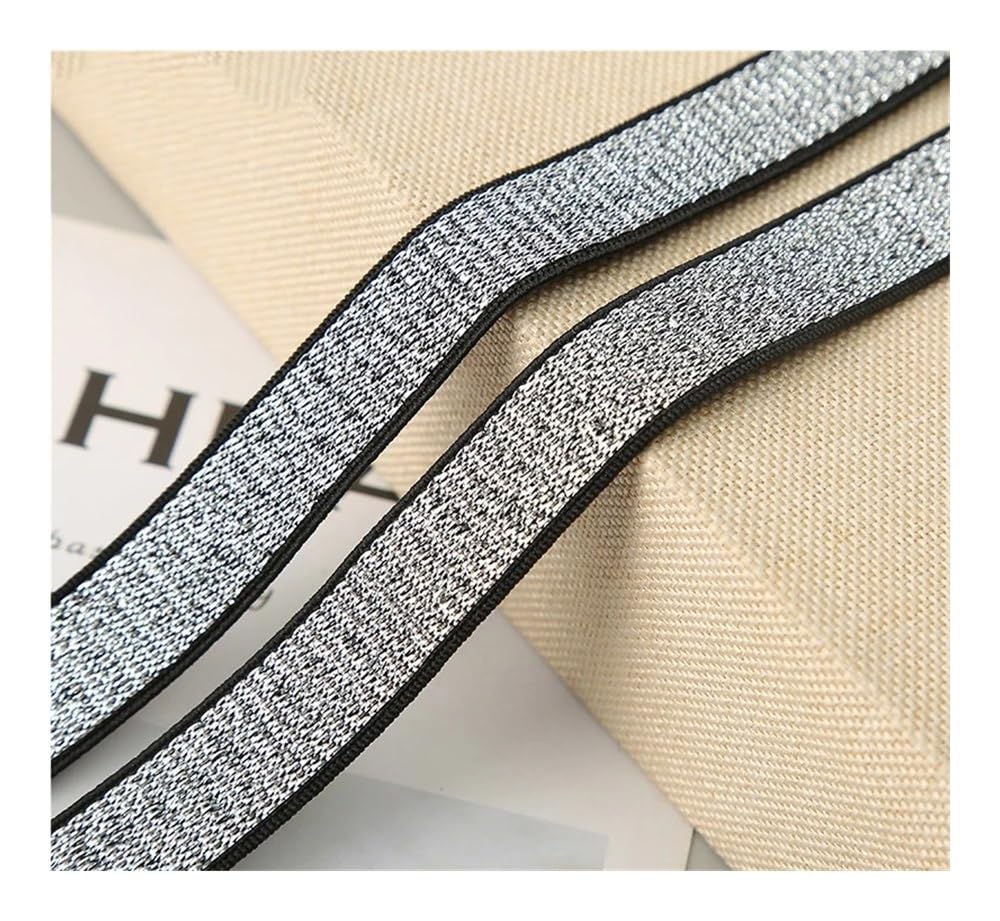 Cinghie elastiche con glitter argento dorato da 5 metri larghezza 10/20/30 mm in vita, fascia elastica, fai da te, cucito, finitura in pizzo, accessori per abbigliamento (bordo nero argento, 5 metri