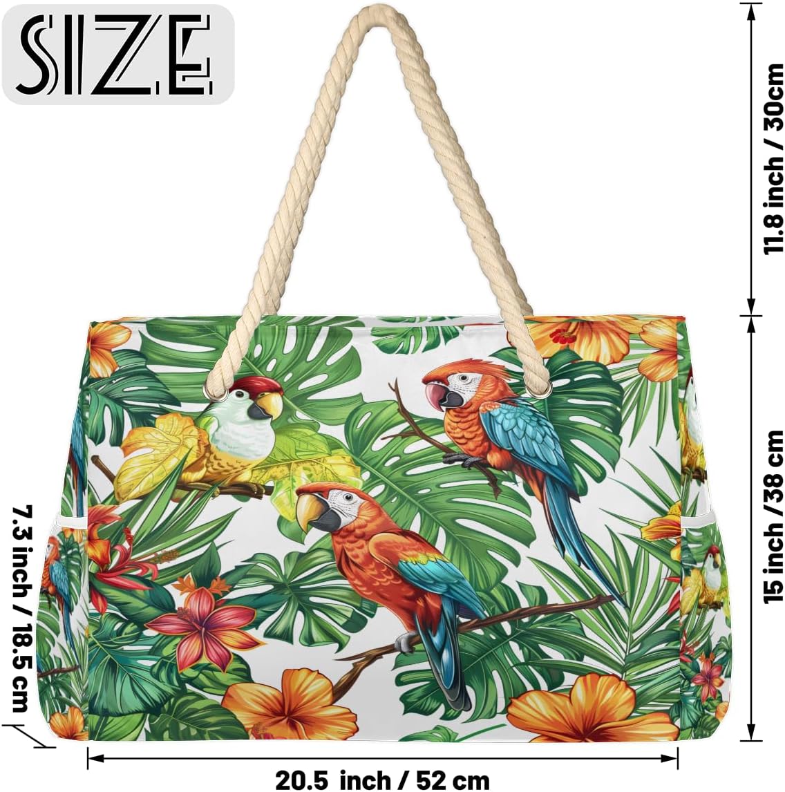 Parrots Leaf Flowers Beach Bag for Women Waterproof Sandproof Tote with Zipper Cotton Rope Handles for Travel Pool Gym Shopping