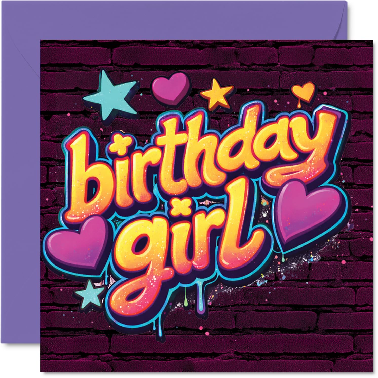 Playful Birthday Card - Bursting with Birthday Cheer - Colourful 'Birthday Girl' Graffiti Text with Hearts and Stars - 145mm Square, Envelope Included