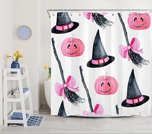 Miniatura 3 de LB Cortina de ducha de calabaza rosa de Halloween, sombrero de bruja mágica negra y escoba sobre cortina de ducha blanca para baño, tela de
