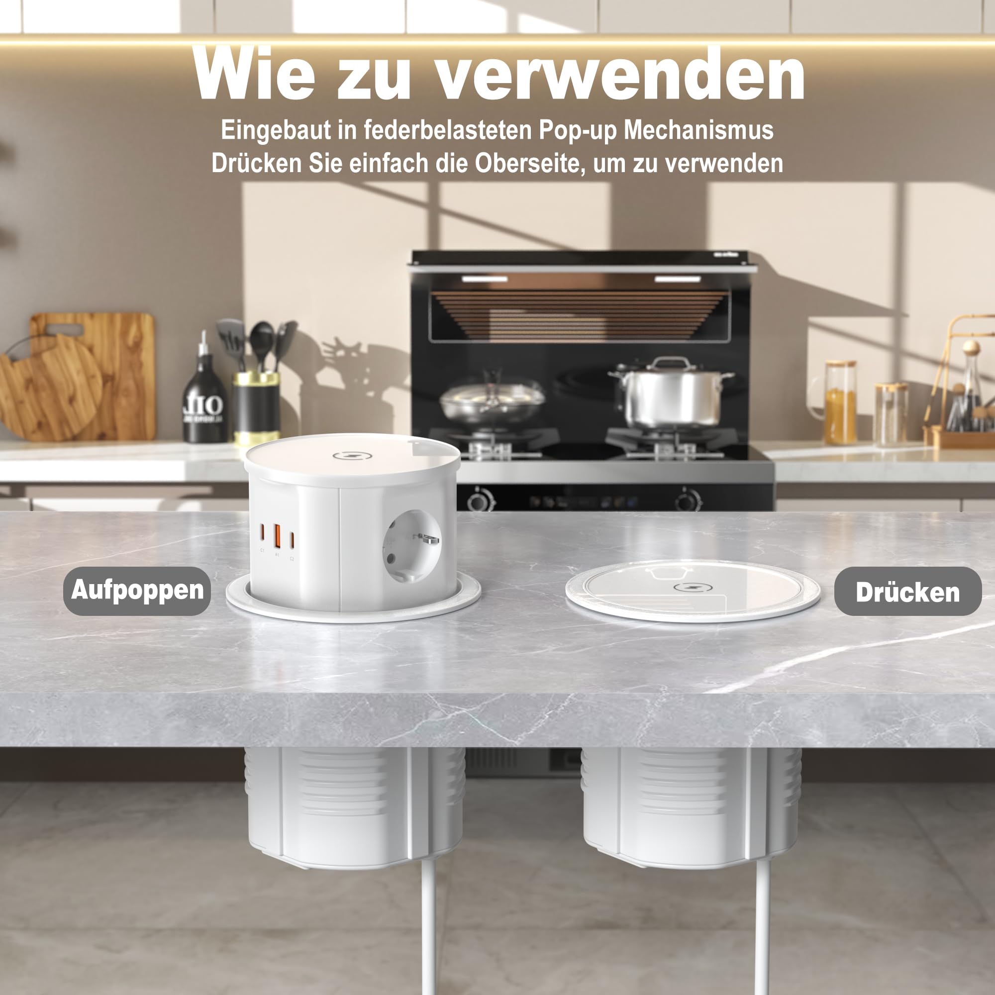 Jgstkcity Versenkbare Tischsteckdose 3-Fach mit 65W USB‑C PD, Weiß | Einbau Steckdose mit 3 USB-Ports & 15W kabellosem Laden, Ø120mm Einbauausschnitt für Arbeitsplatte, Küche & Büro
