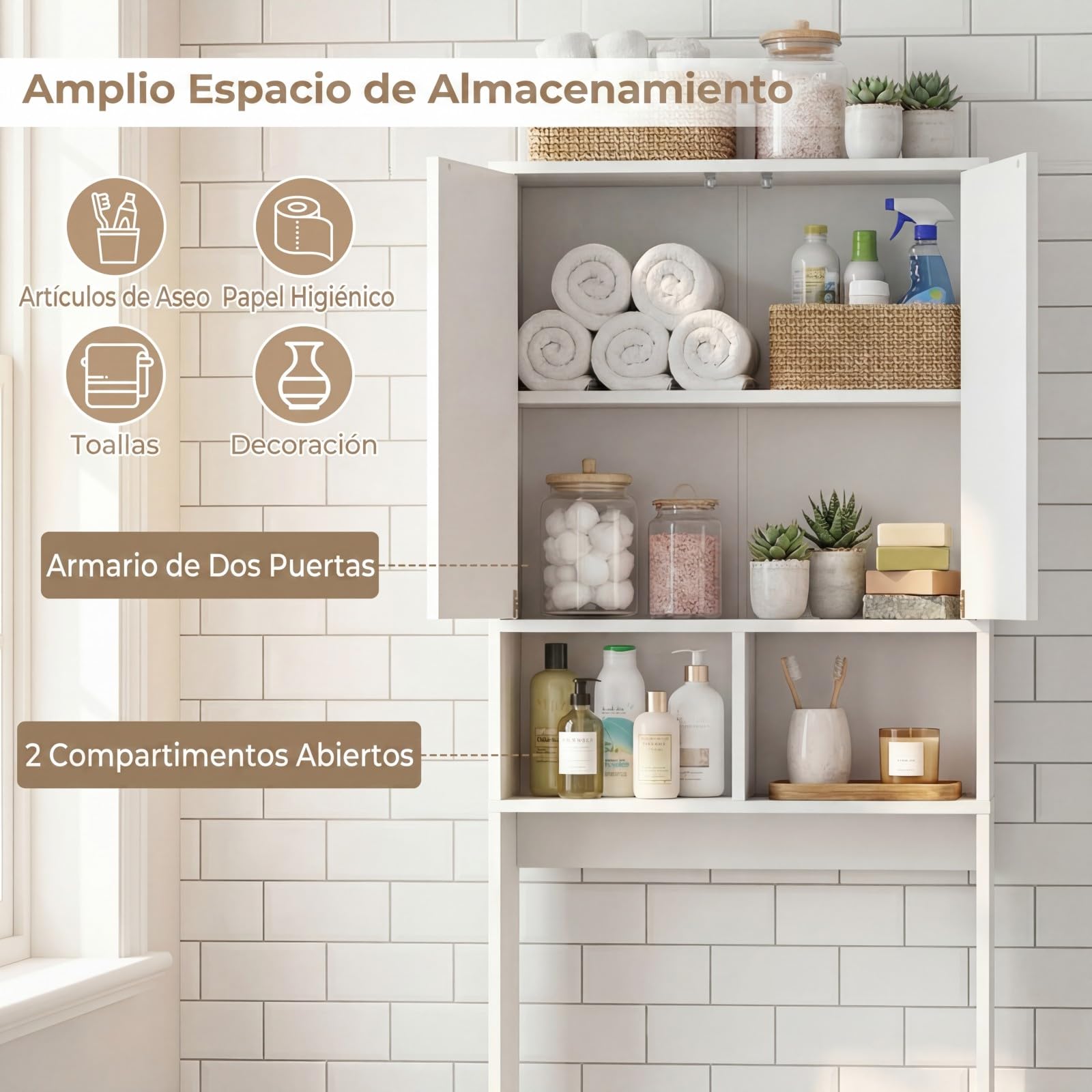 COSTWAY Armario de Almacenamiento sobre el Inodoro, Mueble Organizador de Baño con Puertas, 2 Compartimentos Abiertos, Estante Ajustable, Gabinete Estantería Ahorro de Espacio para Lavandería, Blanco