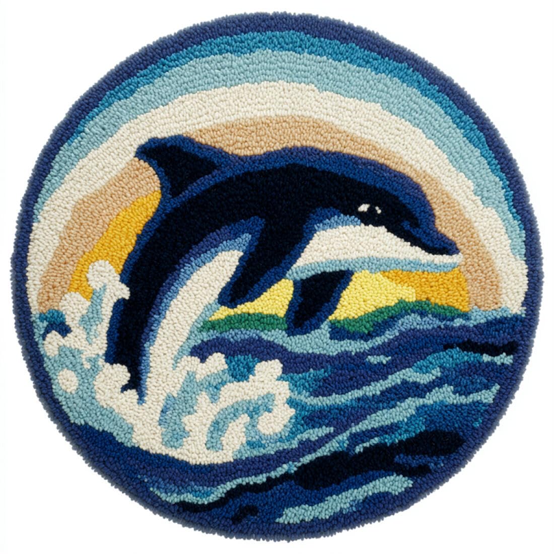 Rqwybcaxn DIY Rug Latch Hook Kits for Teens Animal Needlework Kit Dolphins and Waves 80x80cm Round Large Rug Making Kits Study Handmade Gift