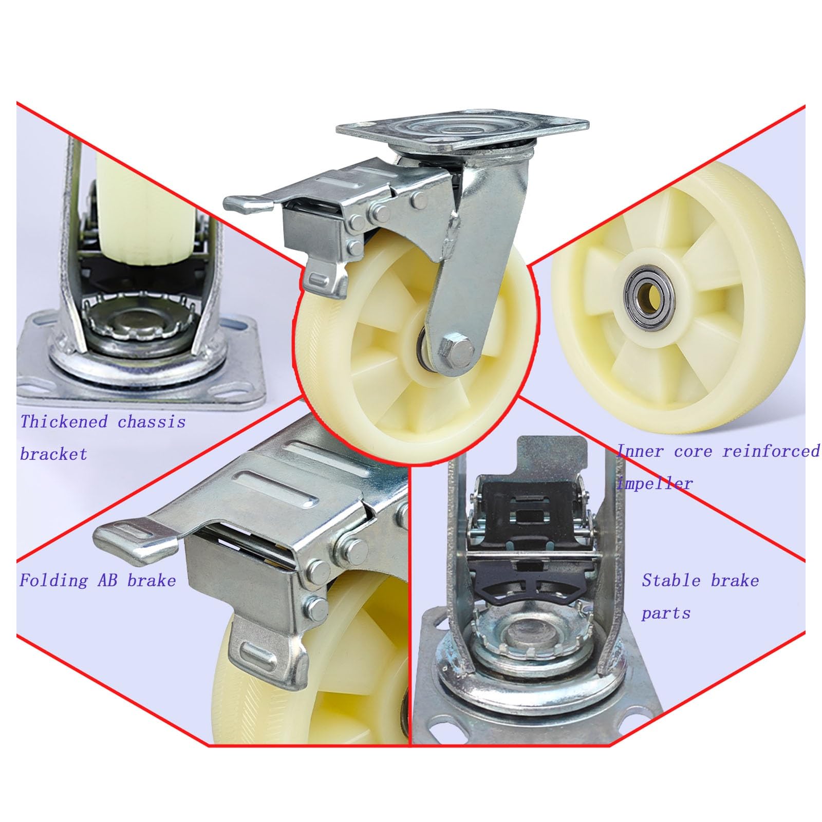 Ruedas de andamio de 6 Pulgadas con Frenos, Ruedas giratorias Resistentes for Andamios móviles, Espiral Ajustable, rotación de 360°