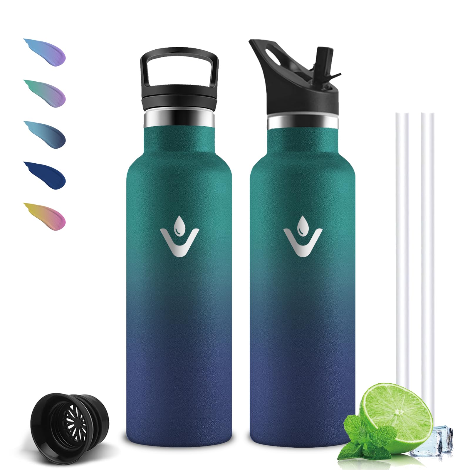 Insulated Water Bottle, 500ml Water Bottle, BPA Free, Water Bottles with Straw, No Leakage, Kids Water Bottles, Keeps Hot for 12 Hours/Cold 24 Hours, Thermos for School, Camping, Cafe, Office