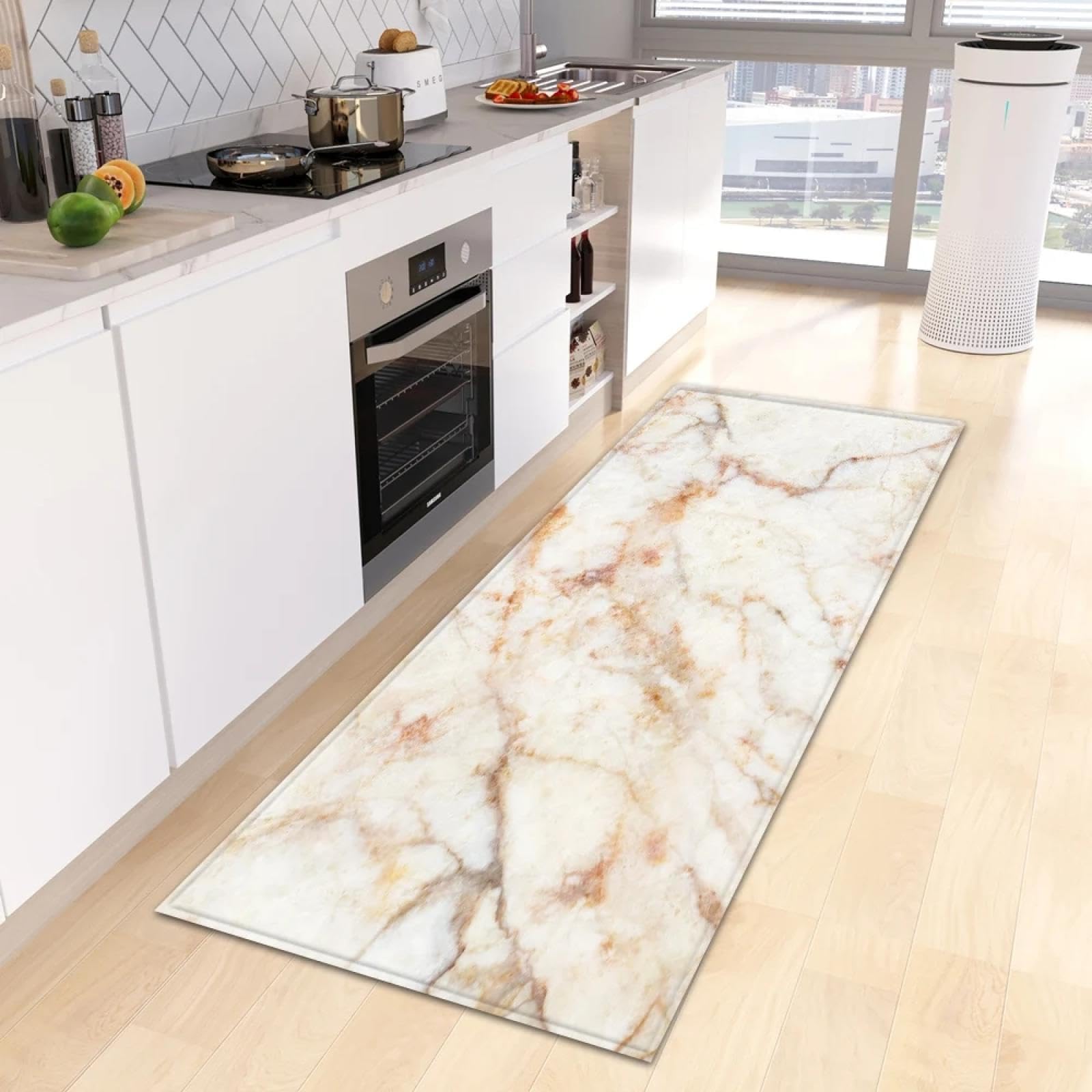 Tapis de Chambre en marbre Blanc et Or, 80 x 250 cm, Style Abstrait Moderne et Luxueux, Lavable et antidérapant, idéal pour la Chambre ou Le Couloir.