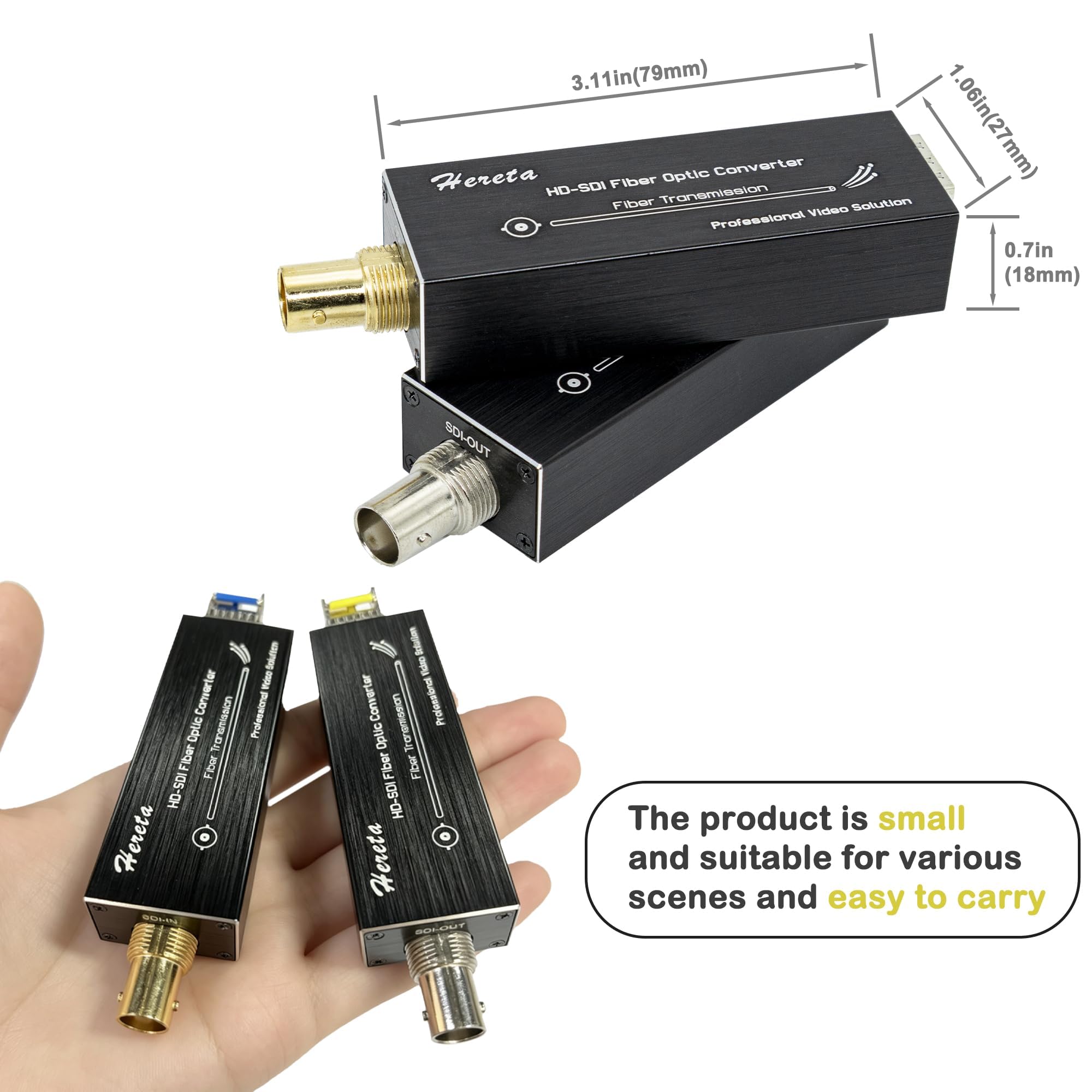 Mini extension de fibre HD-SDI, rallonge vidéo 1080p, kit convertisseur de fibre avec module SFP jusqu'à 20 km sur monomode, émetteur-récepteur optique avec alimentation de type C, non compressé, sans
