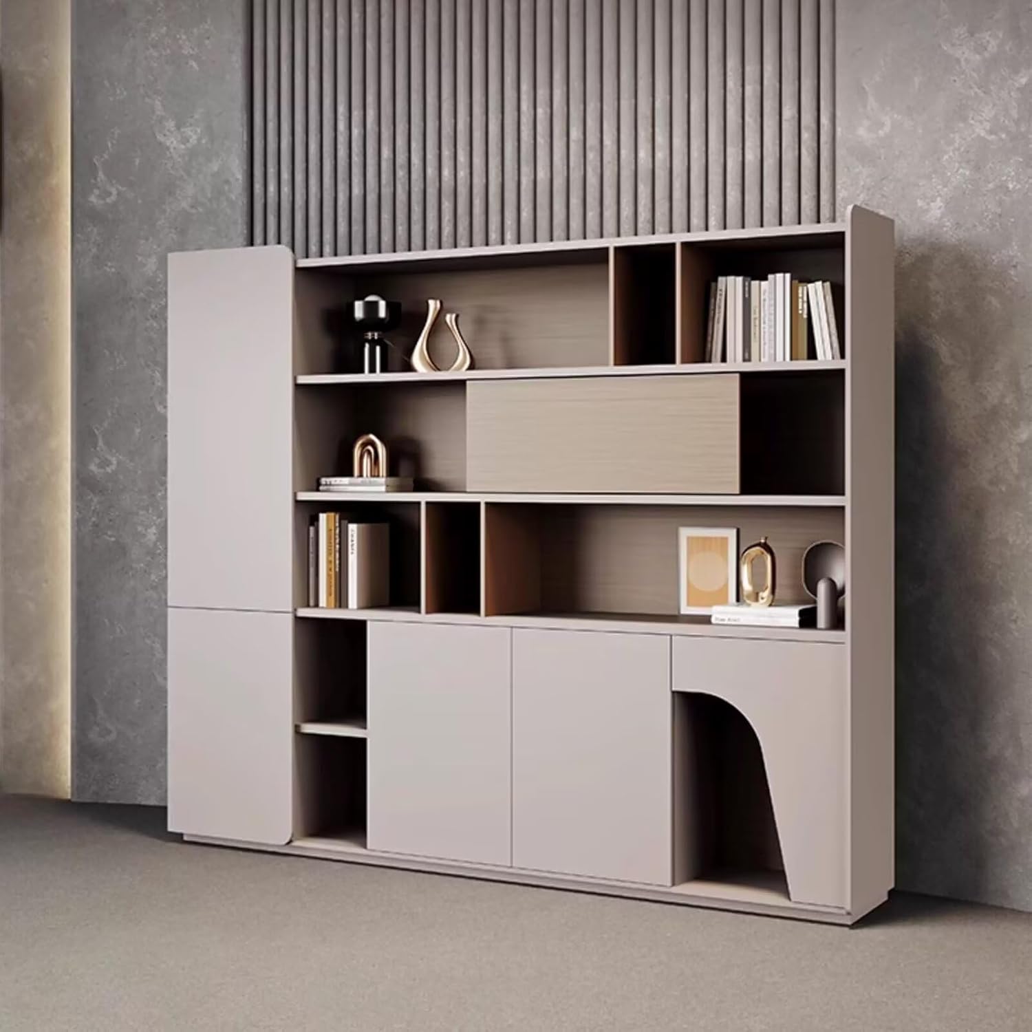 Bookshelf - Modern File Cabinet with Sliding Cabinet Door Handleless Design Tall Bookcase Includes Ample Storage Space Open