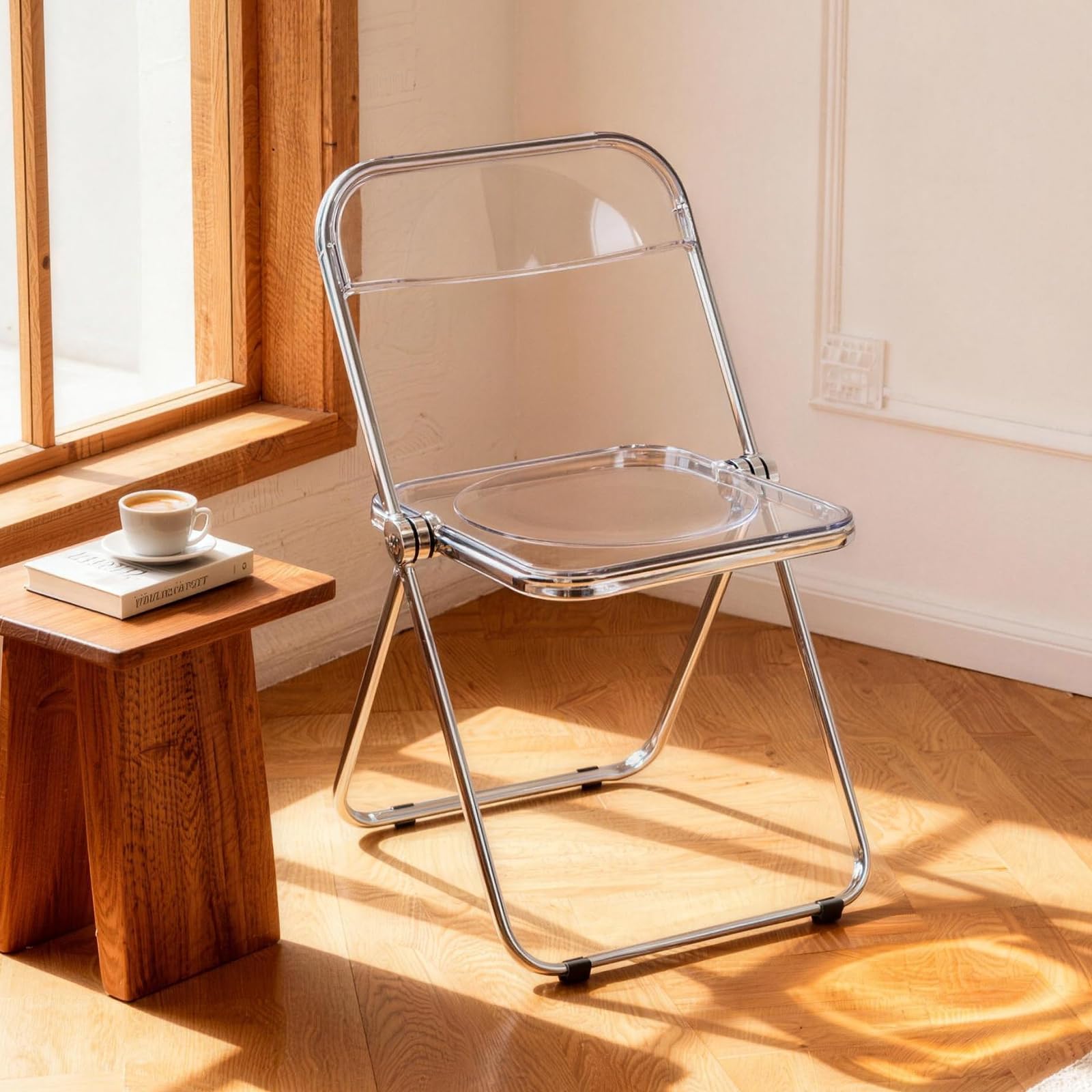 Silla Plegable Transparente, diseño Moderno - Estructura cromada - Adecuada para Comedor, salón, cristalina, Transparente, 48 x 48 x 76 cm