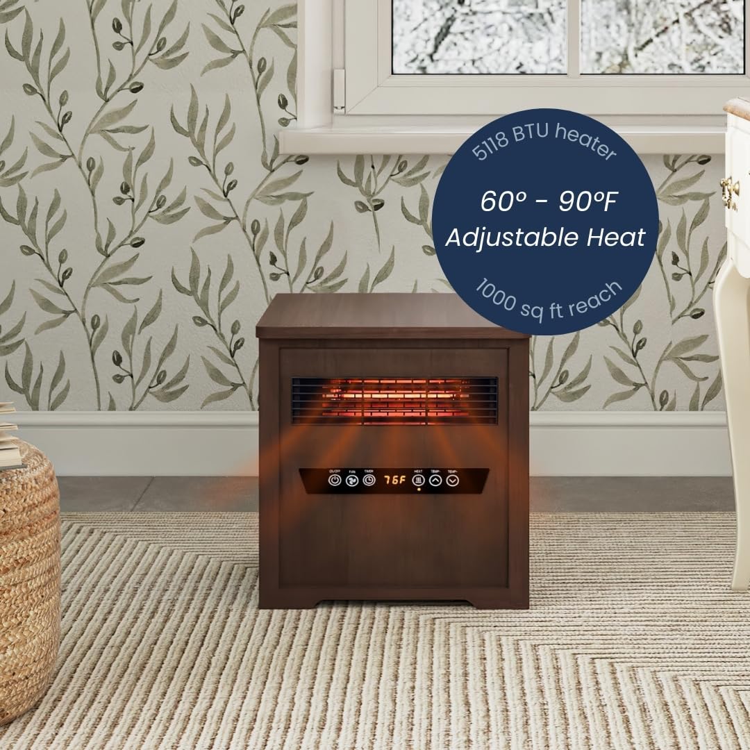 Country Living Infrared Portable Rolling Space Heater with LED Touchscreen and Remote Control | 12h Timer | 1500w Quick Heating for Indoor Use | Birchwood Grain Finish