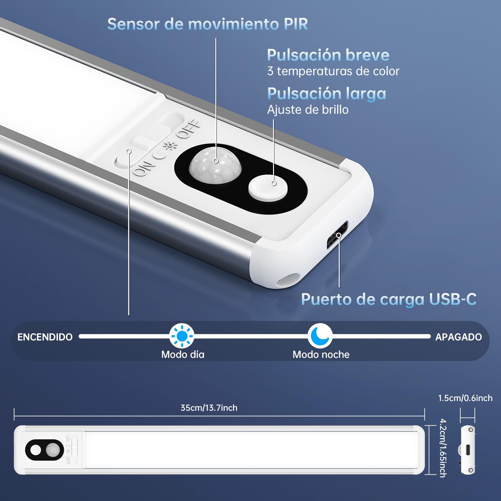 Luz Led con Sensor de Movimiento, 35 cm Luz Armario, 6 piezas | Lámpara Led Recargable con 3 temperaturas de color,2200 mAh, Atenuación Continua, Montaje Magnético para Armarios y Vitrinas