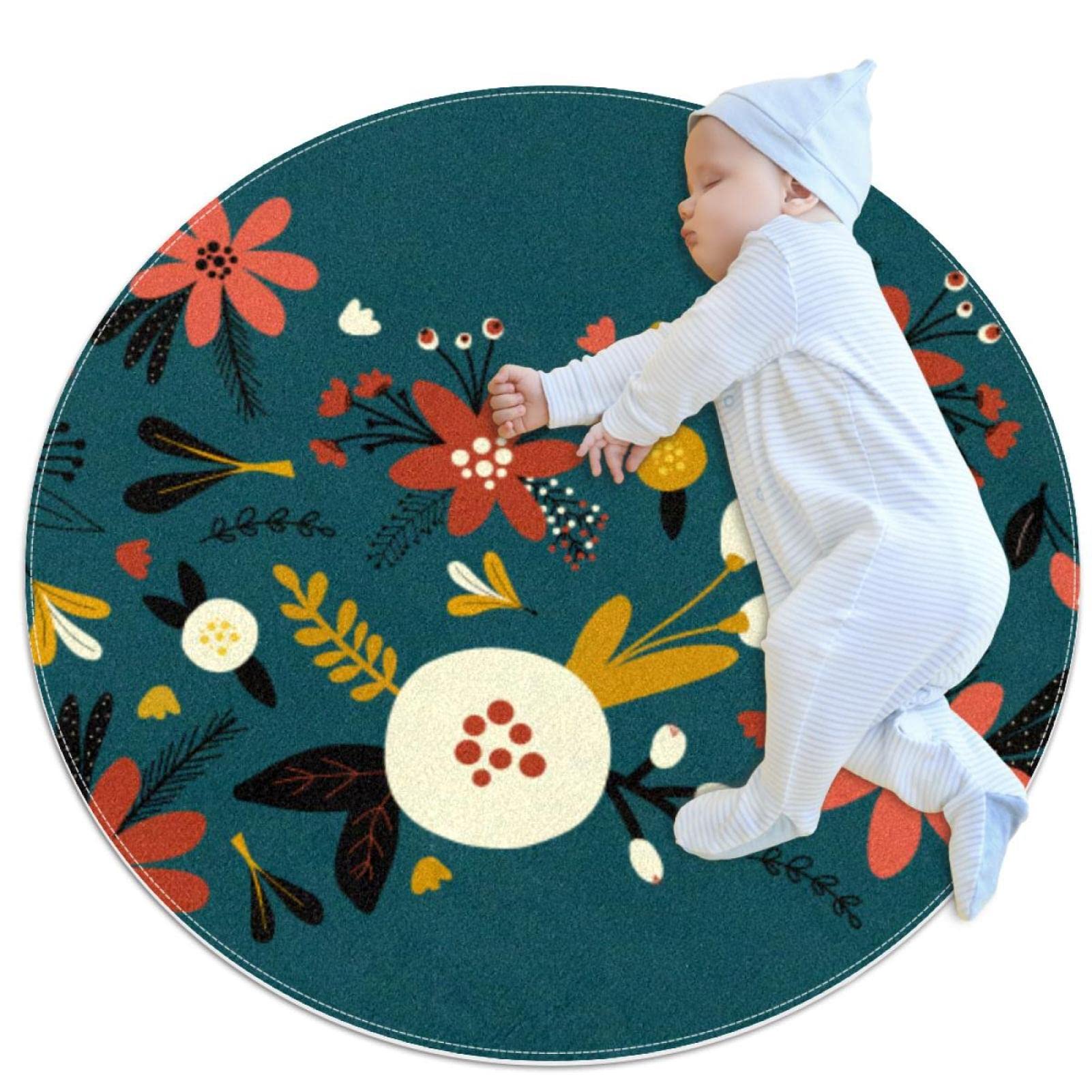 Tapis de sol circulaire antidérapant et moderne à motif fleurs de 80cm