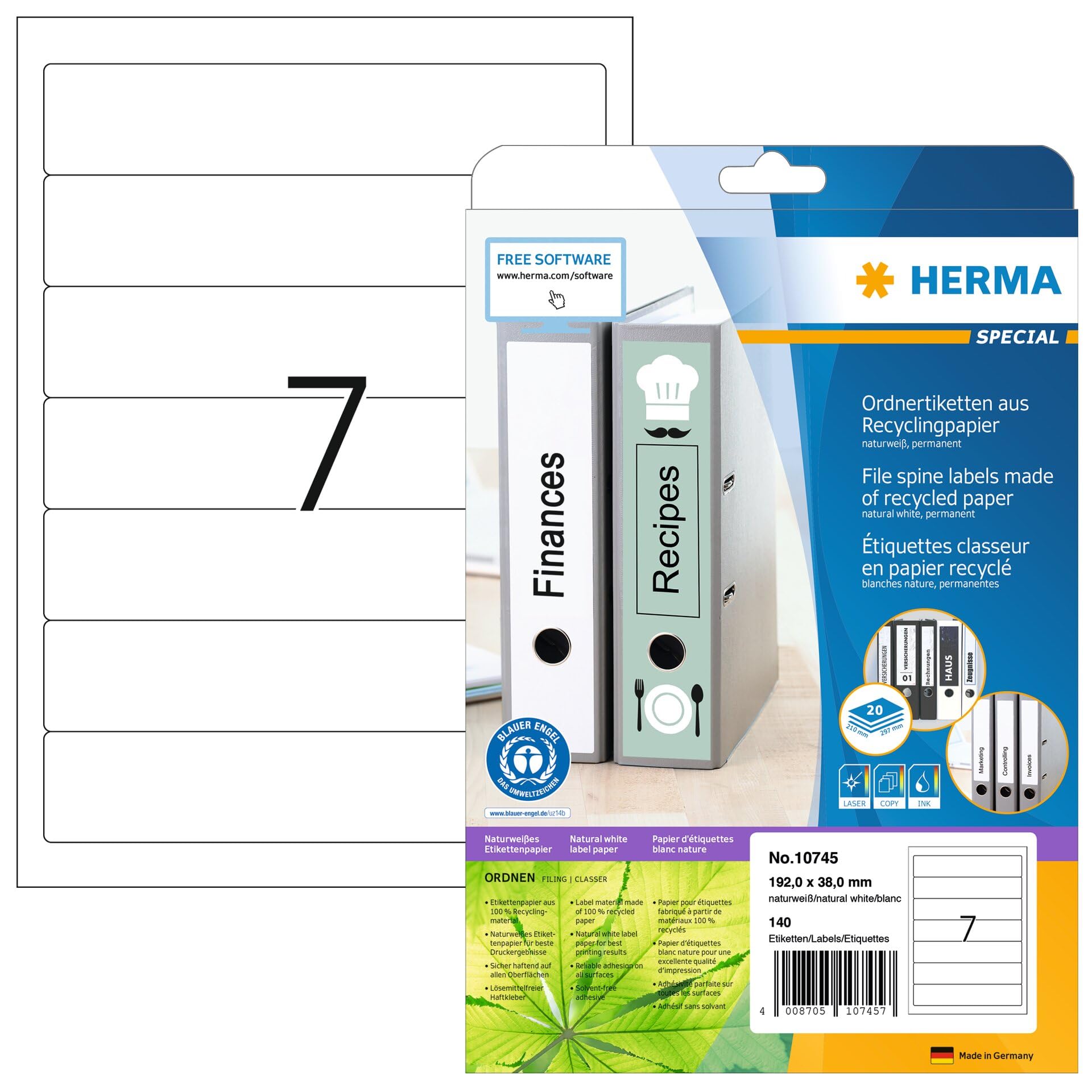 HERMA 10745 Recycling Ordnerrücken Etiketten kurz schmal, 640 Blatt, 192 x 38 mm, 7 pro A4 Bogen, 4480 Stück, selbstklebend, bedruckbar, blickdicht, Ordneretiketten Rückenschilder Aufkleber natur-weiß