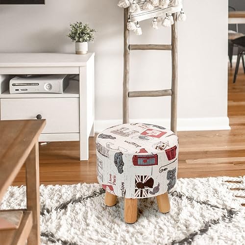 Miniatura 4 de H&B Luxuries Taburete otomano acolchado redondo de tela (4 patas, beige vintage)