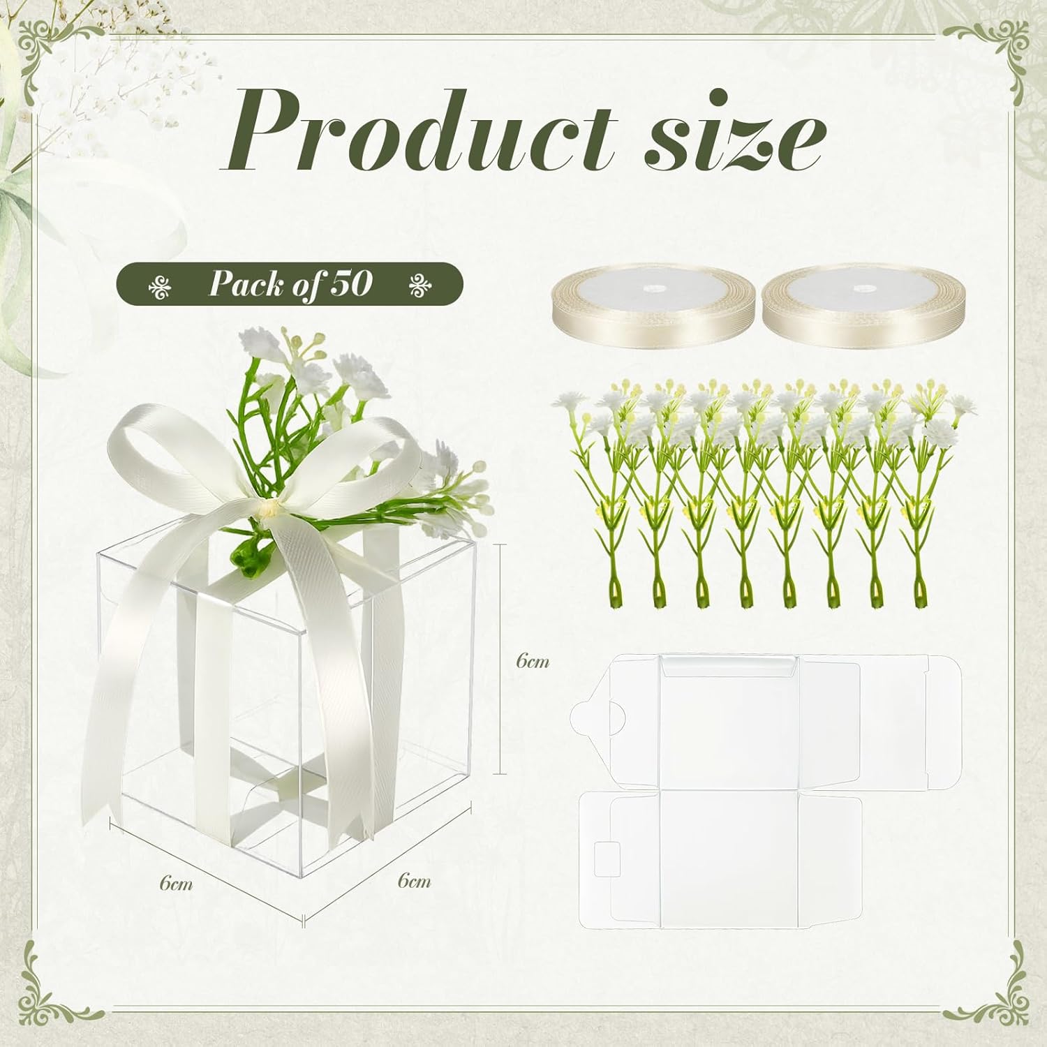 Remerry 50 Sets Clear Favor Boxes 2.4 x 2.4 x 2.4 Inches Plastic Clear Gift Boxes with Artificial Baby Breath Flowers Satin Ribbons Mini Transparent Cube for Wedding Bridal Shower Birthday Party - Image 2