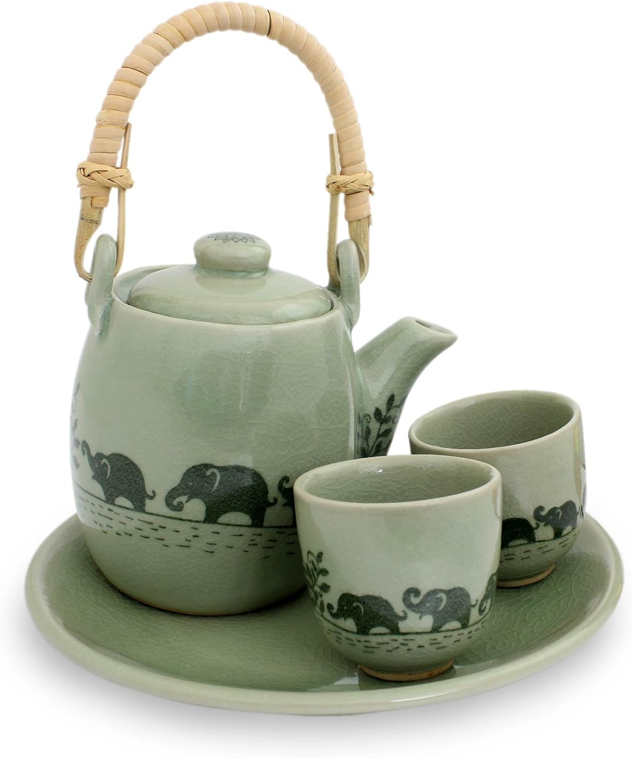 NOVICA Happy Elephants (Set for 2) Celadon Ceramic Tea Set