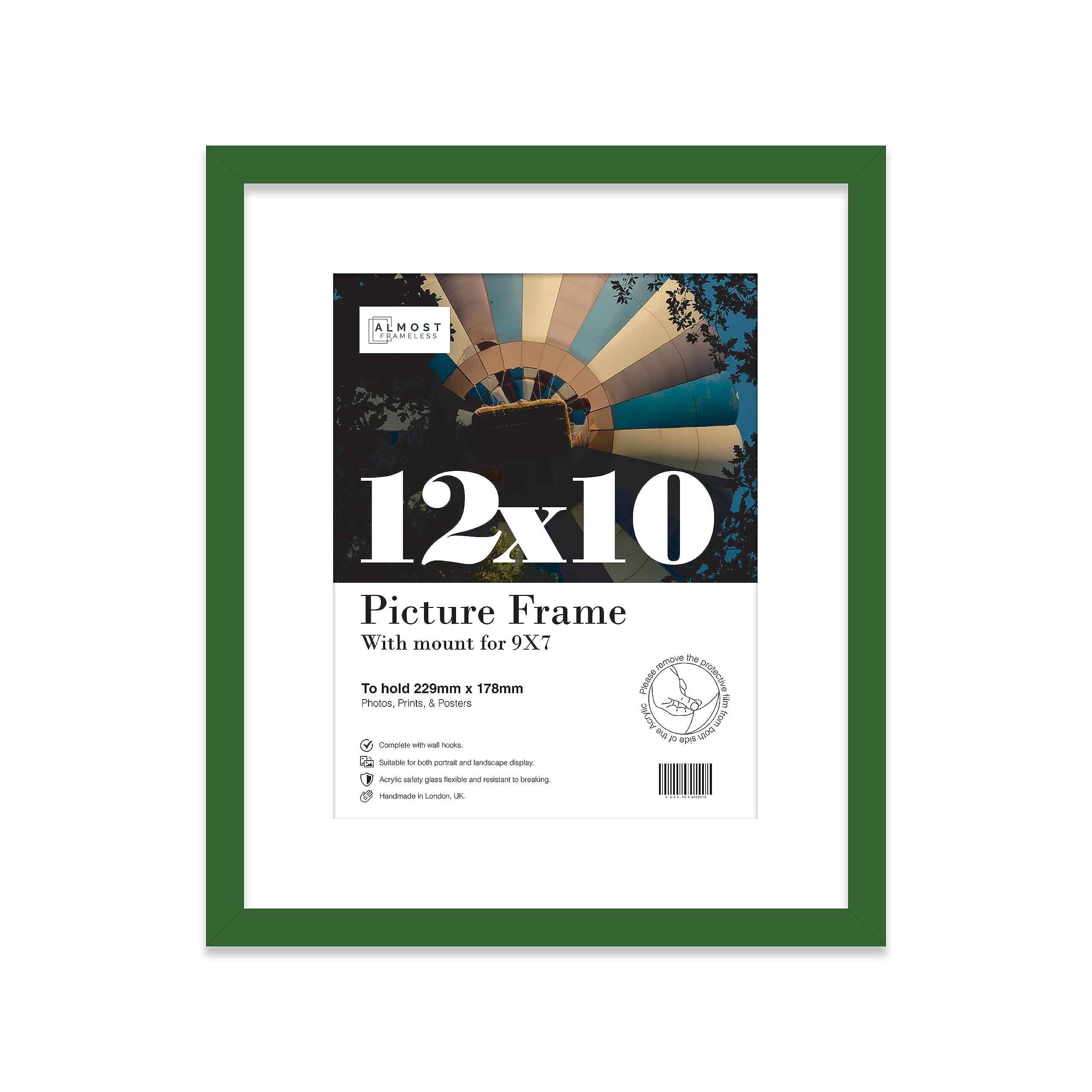 Almost Frameless 12x10 Green Picture Frame With Mount for 9x7 Print, Poster or Photo Poster, Photo, Artwork, or Print. Thin Edge Slim Frame Portrait and Landscape Display with Wall Hooks