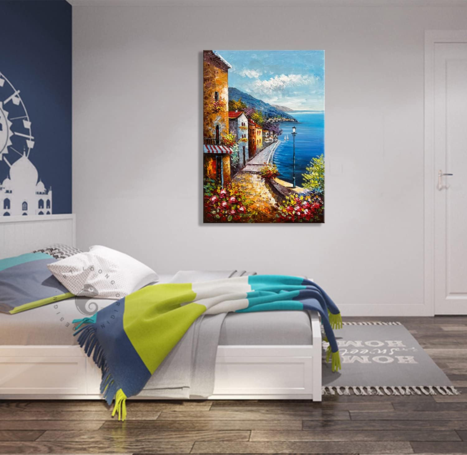 Alenoss Hand Painted Acrylic Large Abstract Modern Oil Paintings on Canvas 28x40 Inches Vertical Wall Art Mediterranean Sea Cityscape Blue Artwork Wall Decor Home Decorations