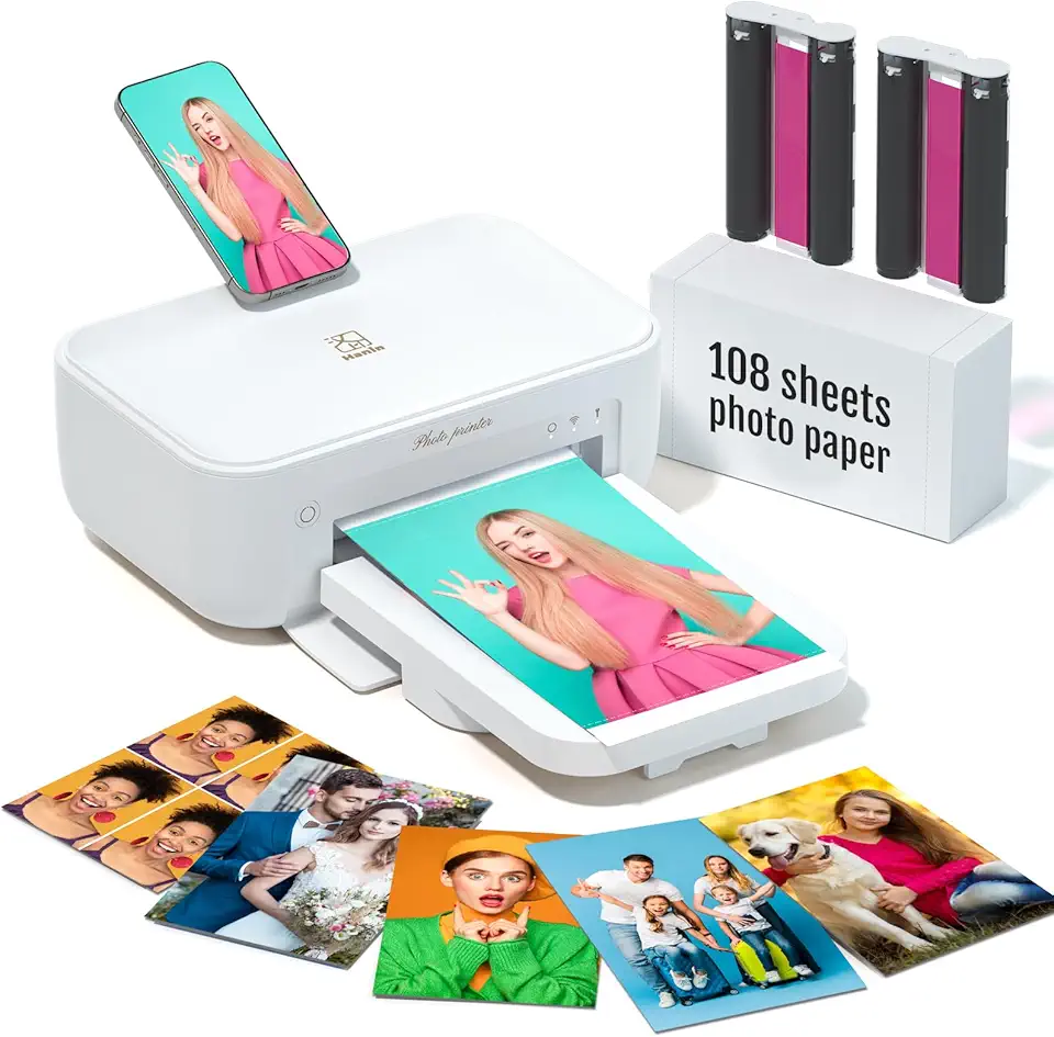 iDPRT Impressora fotográfica 4 × 6, impressora colorida portátil, mini impressora de imagem de sublimação térmica, pacote com 108 folhas de papel fotográfico e 2 fitas cassete, impressora fotográfica