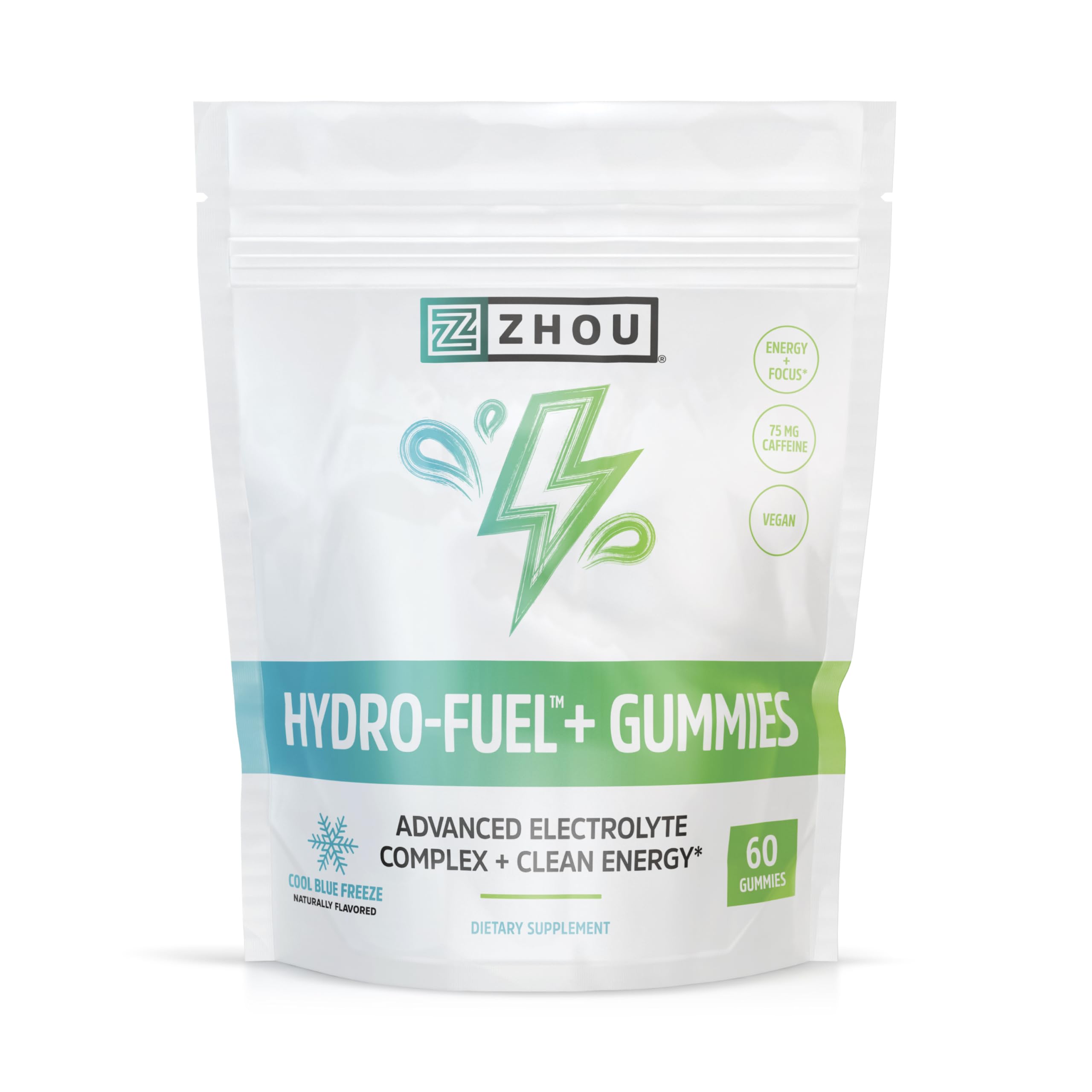 Zhou Nutrition Hydro-Fuel+ Gummies - Electrolyte Gummies for Hydration, Advanced Chews with Electrolytes Complex and 75 mg Caffeine for Clean Energy, Hydrating Supplement - 60 Vegan Chews
