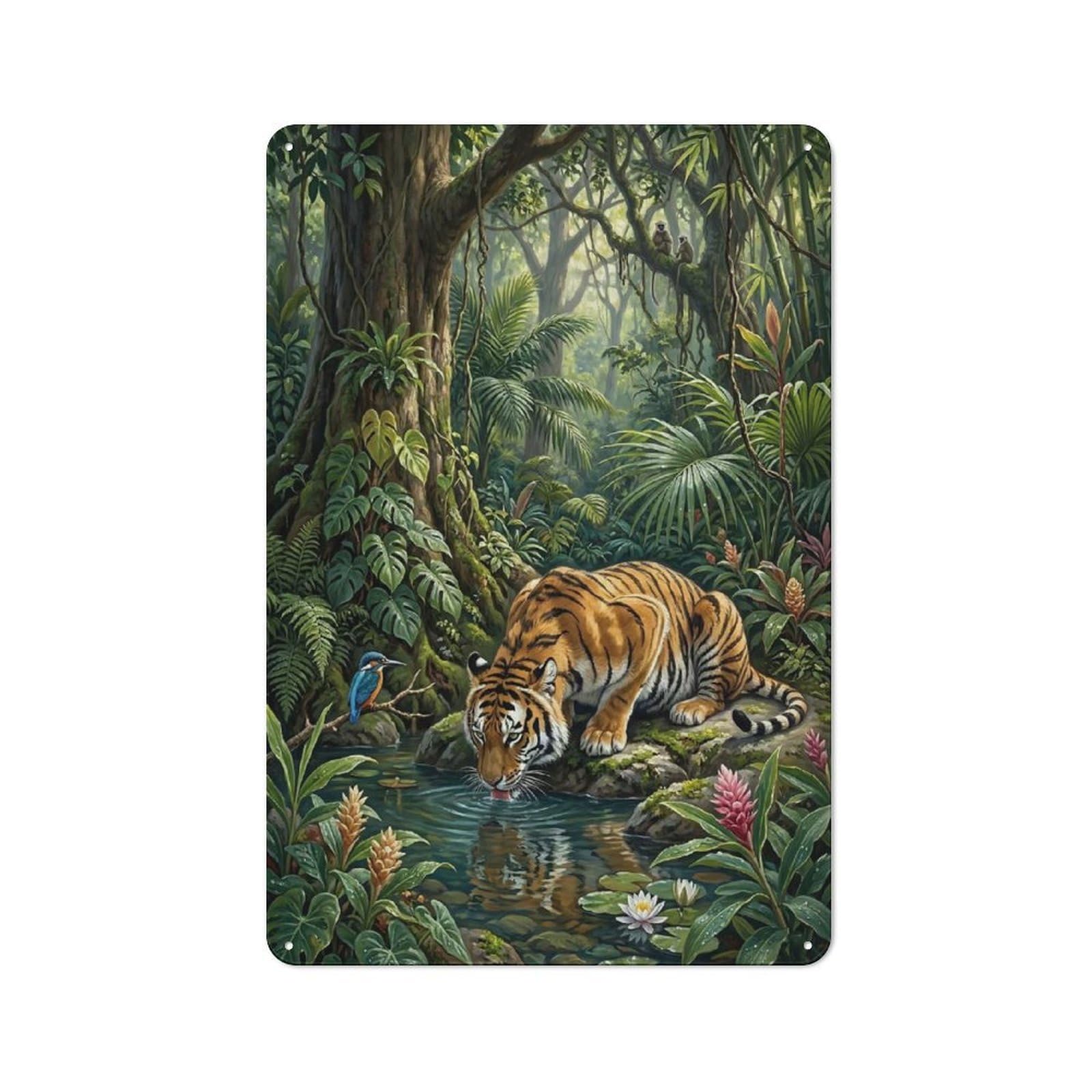 Junmoney Style-14 Tiger Drinking Water In A Lush Jungle Rustic Tin Sign 30X20cm For Lounge Or Reading Corner, For Metal Sign Collectors, For Cafés, Pubs And Restaurants