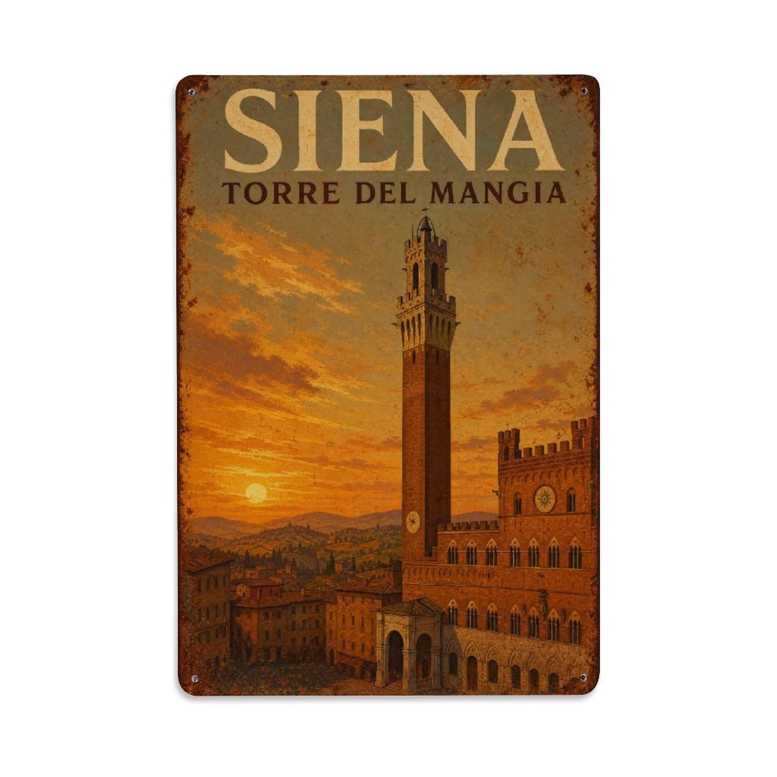 Huiyhb 8X12inch(20X30cm) Vintage Travel Siena Tower Mangia Sunset View Italy Metal Tin Sign