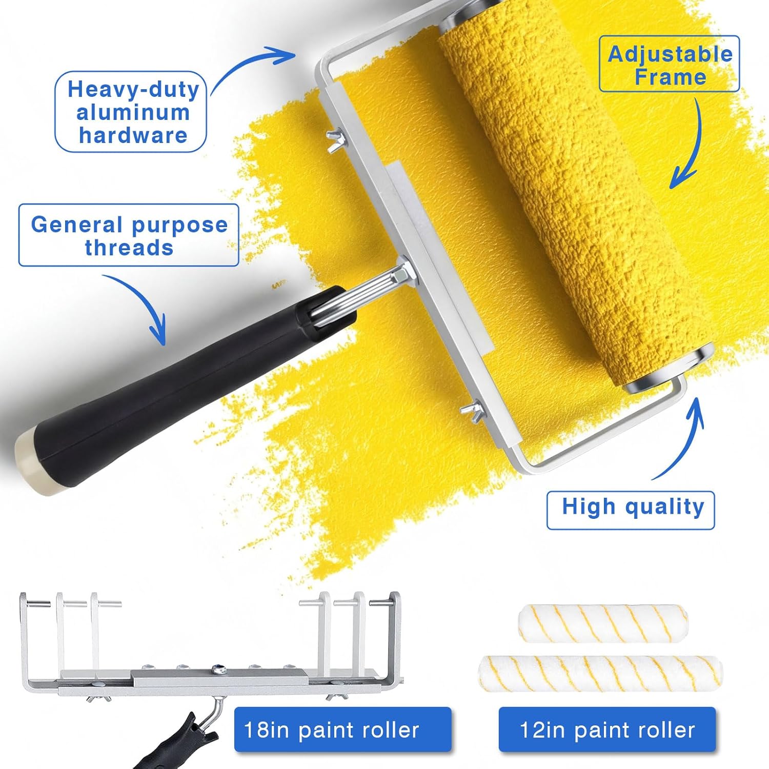 7 Piece Paint Roller Set, 12''-18'' Adjustable Roller Frame with Extension Rod, 4 Microfiber Covers & Gloves, for Walls Ceiling Floors Indoor Outdoor Use