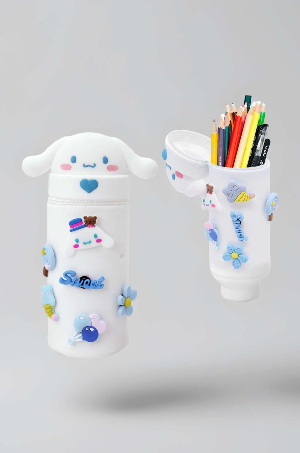 PATPAT Pencil Pouch For Kids Diy San-Rio Cartoon Kawaii Silicone Pencil Pouch Fun Pen Holder With Ku-Romi Charms School Stationeries Bag Gift,blue