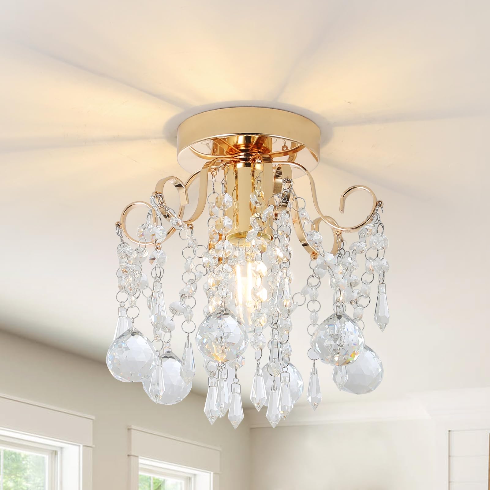 Ceiling Lights Living Room, Modern Crystal Chandeliers Ceiling Light, Gold Flush Ceiling Light with Glass Beads, K9 Crystal Ceiling Lights for Bedroom, Dining Room, Hallway Lights Ceiling [Energy Class D]