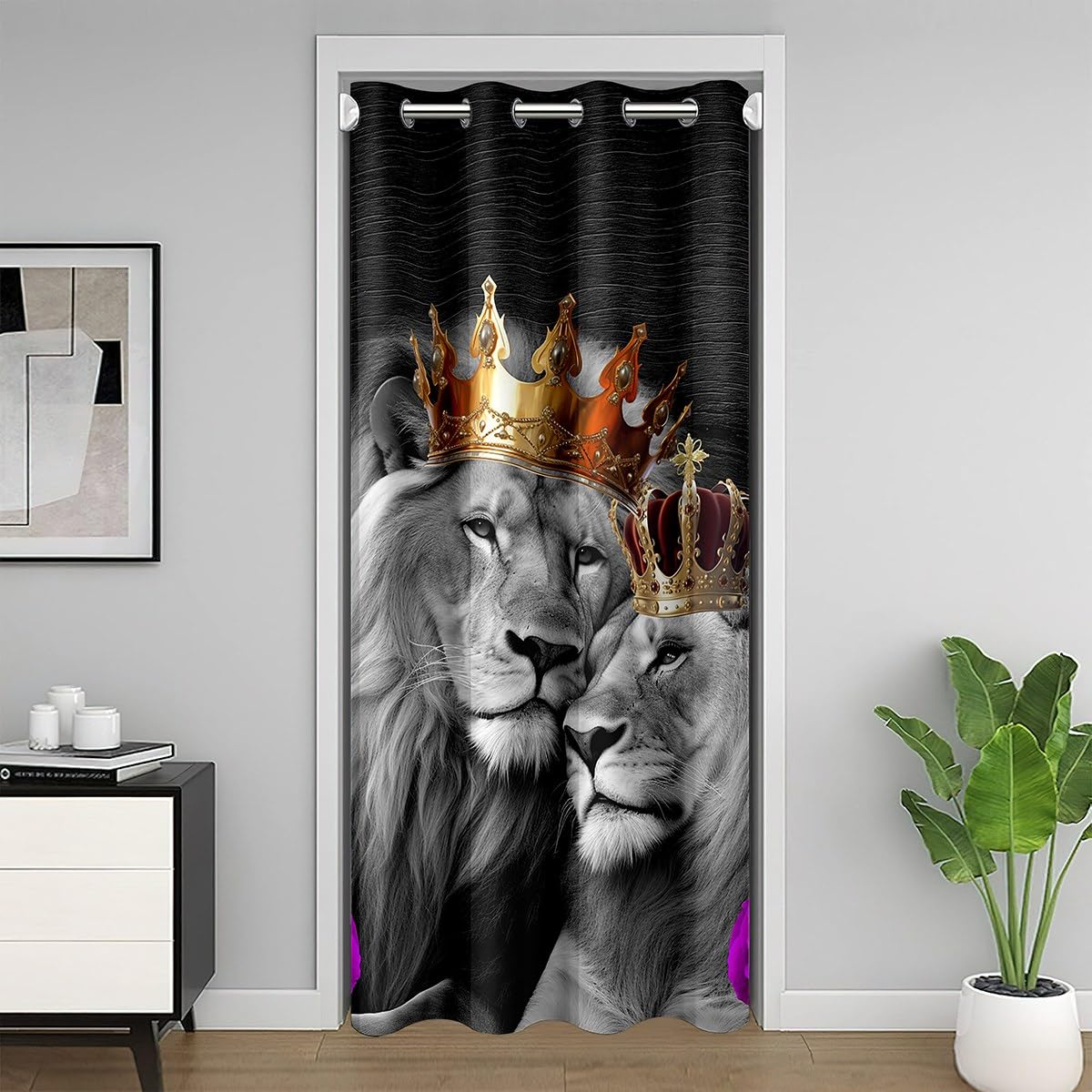 Romantic Lion Couple Door Curtain 34" W X 80" L Abstract Purple Rose Romantic Flowers Doorway Curtain Privacy for Kids Teens Adults Wild Jungle Natural Animals Door Drape for Bedroom Closet Door