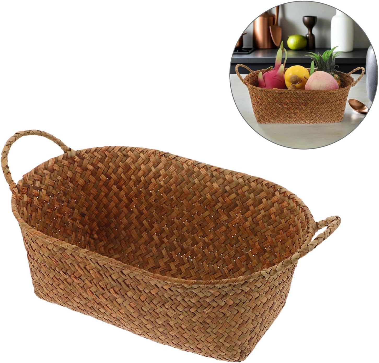 Straw Woven Bread Basket for Serving with Dual Handles Handmade