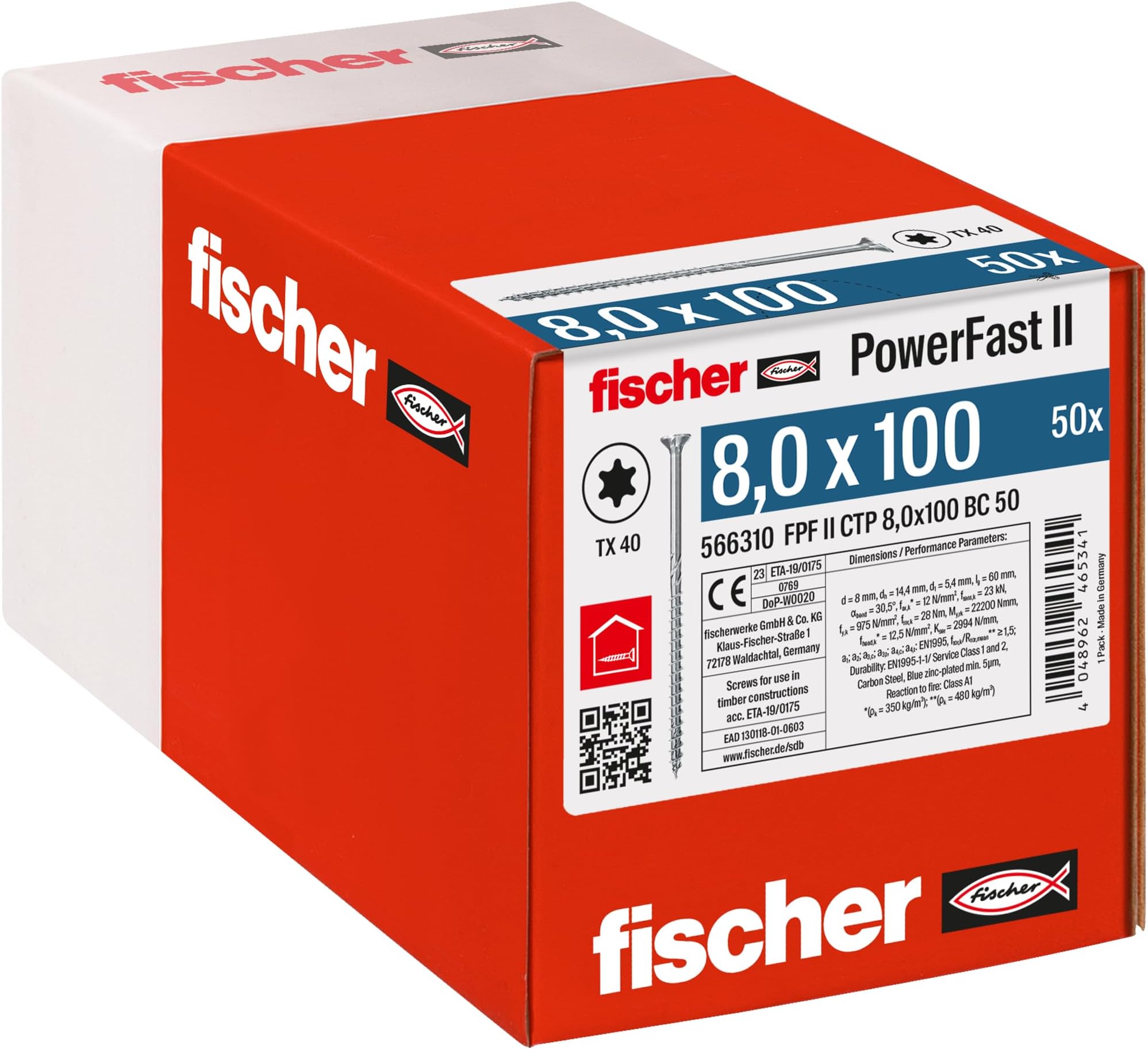 fischerPowerFast II 566310 CTP 8.0 x 100 50-Piece Wood Screw Silver