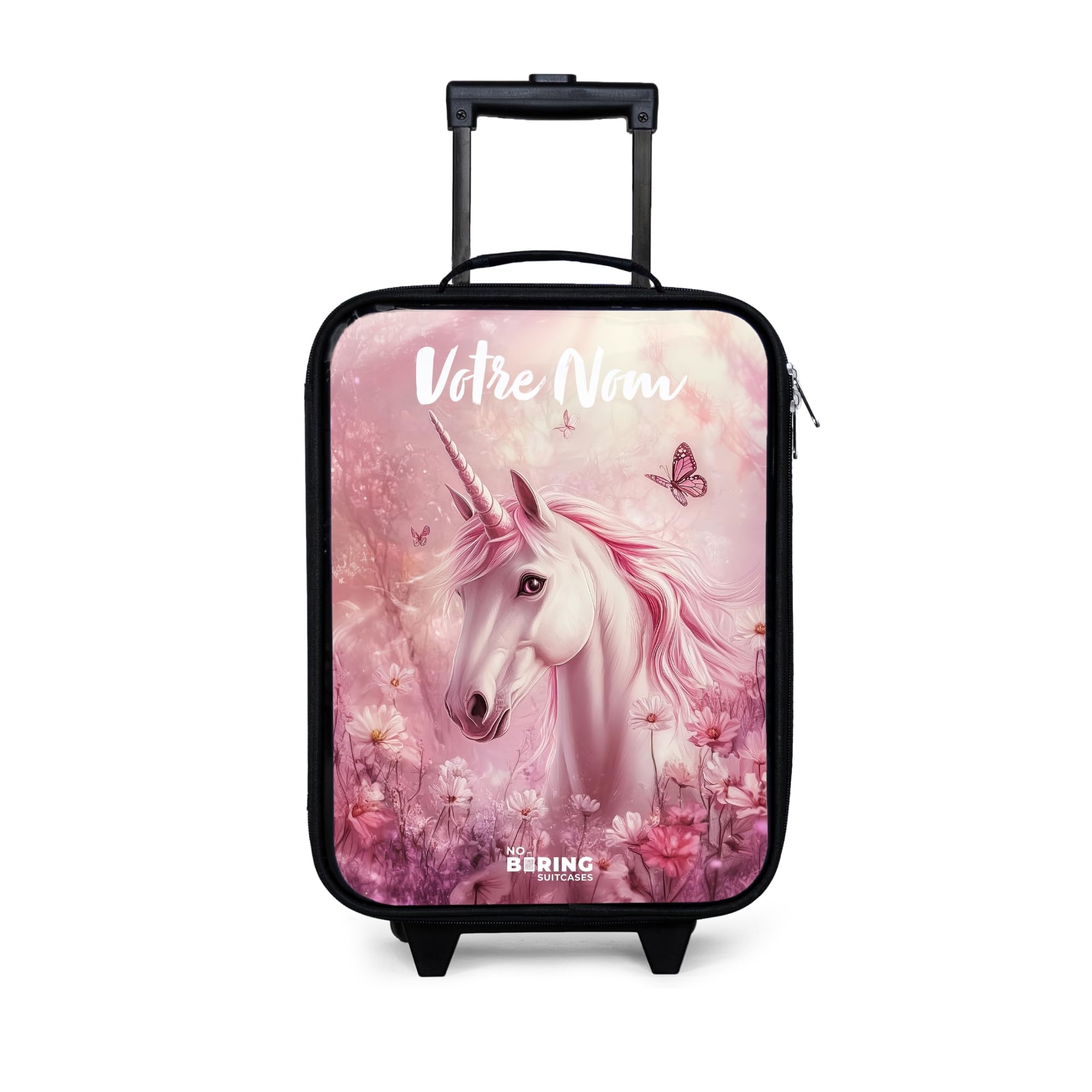NoBoringSuitcases.com® Valise Enfant Personnalisé avec Un Nom 48x31x19 cm Ultra Légère Bagages À roulettes LED pour Enfants Valisette A Roulette Ado - Fille - Licorne - Rose - Papillons - Fleurs
