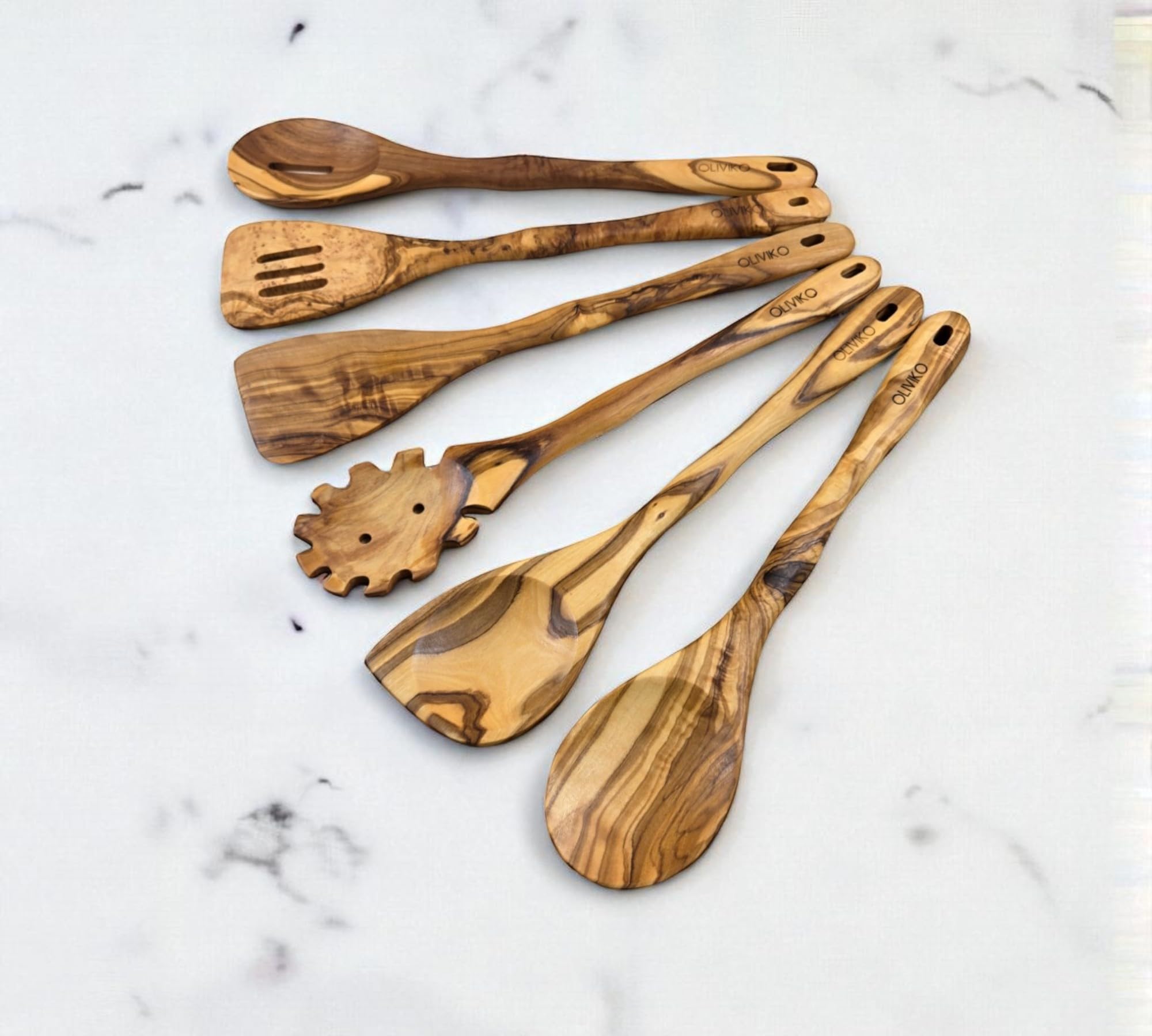 Juego de 5 cucharas 100% madera de olivo hechas a mano, ideal para utensilios de cocina antiadherentes y utensilios de cocina, cocina, hornear y servir, ecológico y hecho a mano, 2 espátulas y