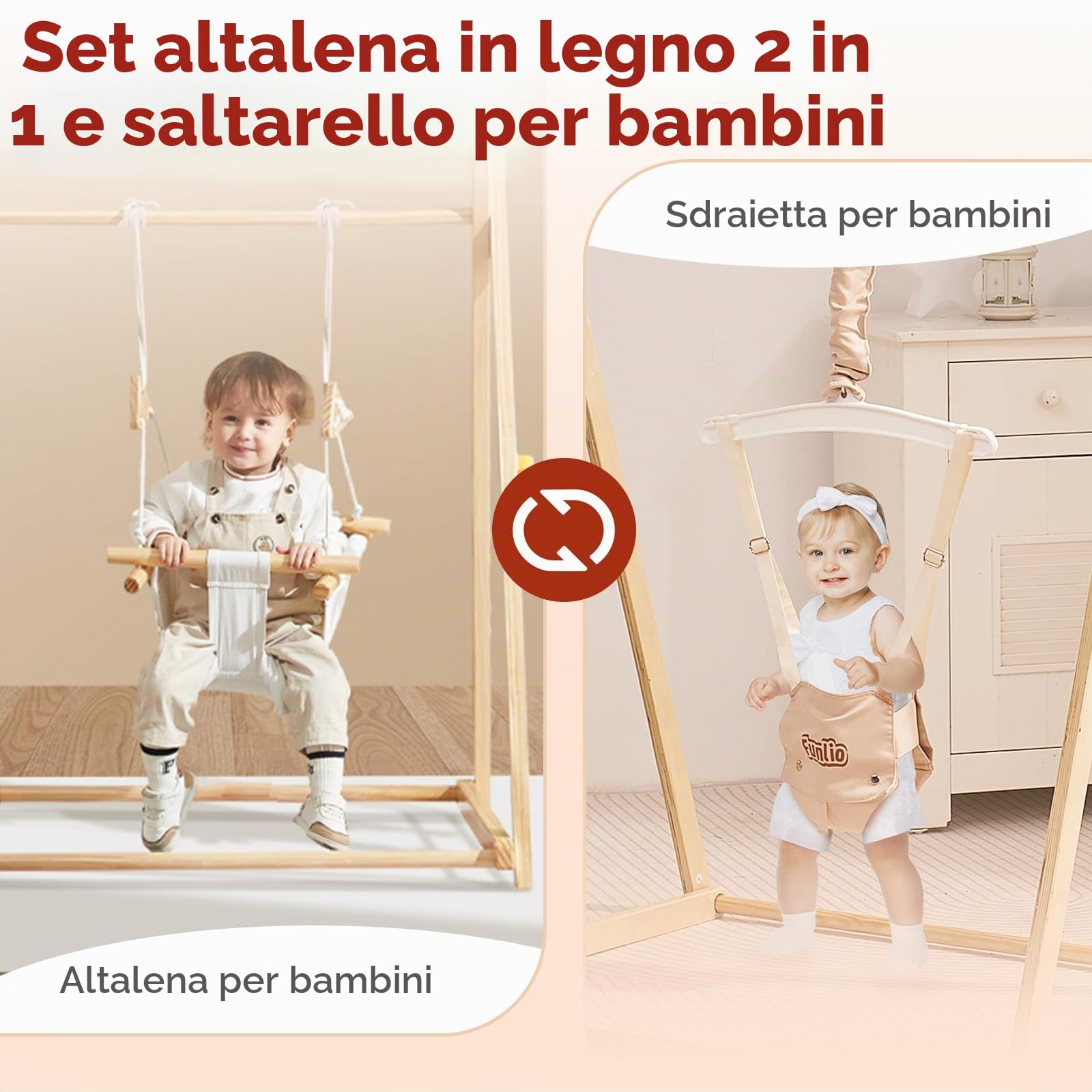 FUNLIO Montessori 2 in 1 Altalena in Legno per Bambini & Saltellante per Neonati