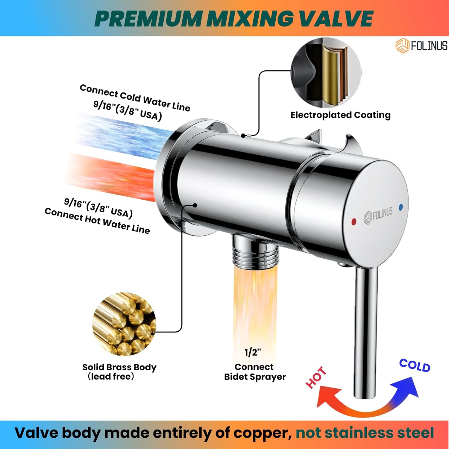 Handheld Bidet Sprayer for Toilet Warm Water Mounted on The Bathroom Vanity，Stainless Steel Hot and Cold Bidet Sprayer with Brass Mixing Valve for Feminine Hygiene (Chrome)